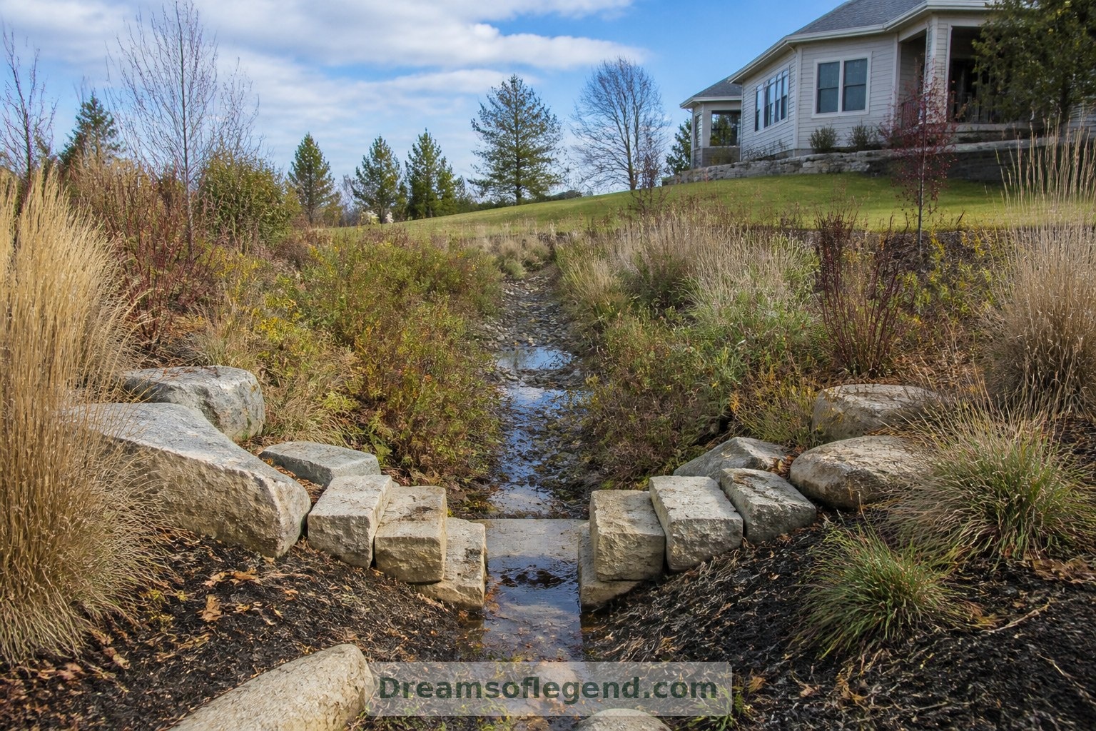An overflow route directs excess water toward a planted swale away from the house.