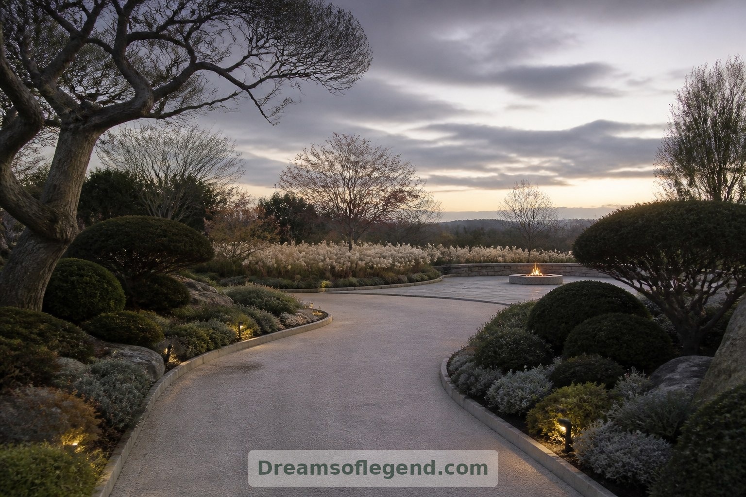 Layered planting enriches the approach, with vegetation kept separate from the working fire area.