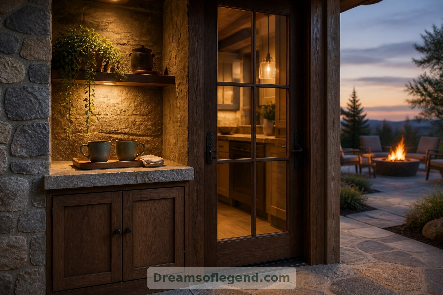 A serving ledge and nearby storage make carrying drinks and putting away outdoor essentials more convenient.