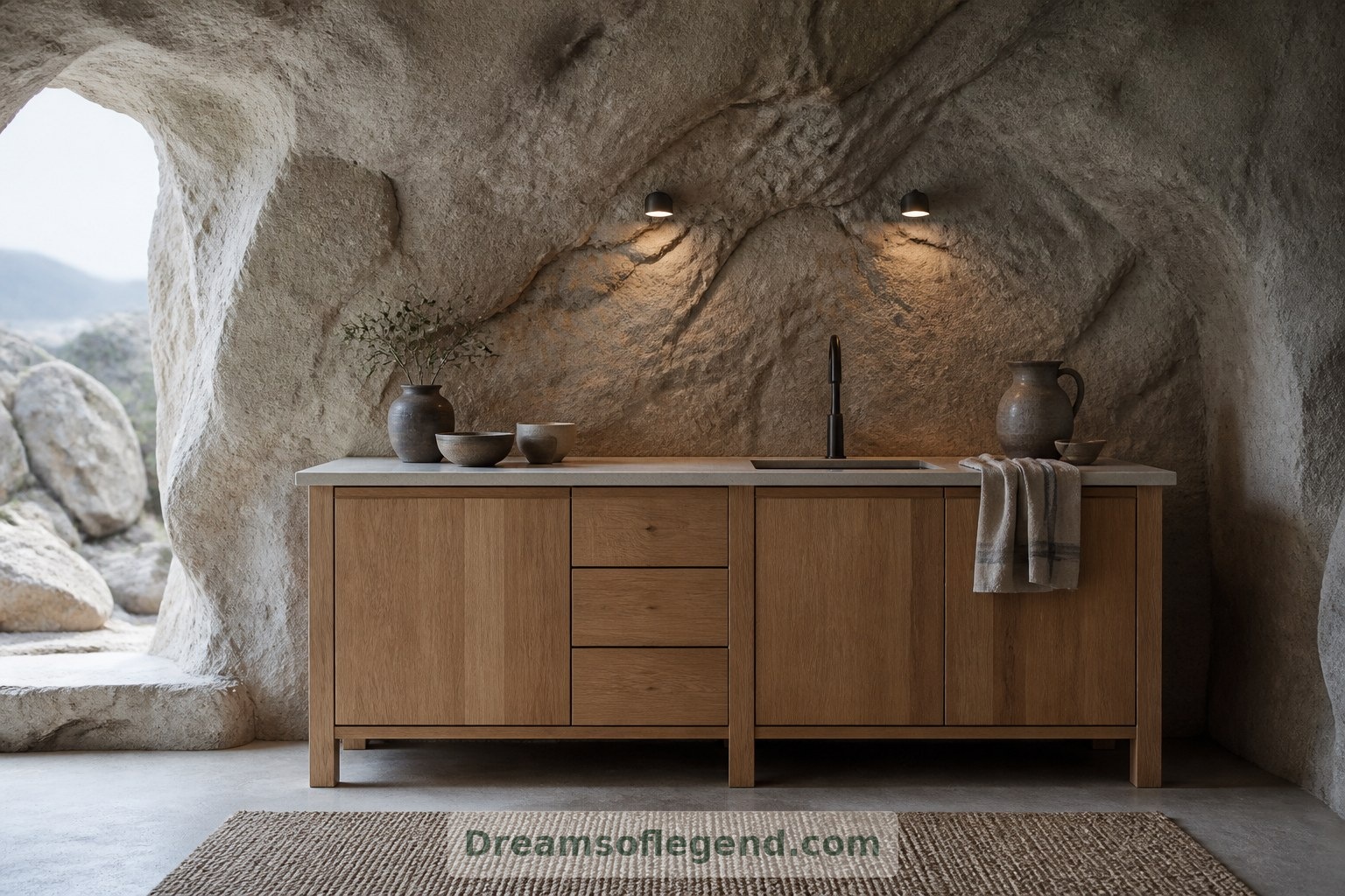 Imagined kitchen: freestanding cabinetry makes the new elements distinct from the uneven enclosure.