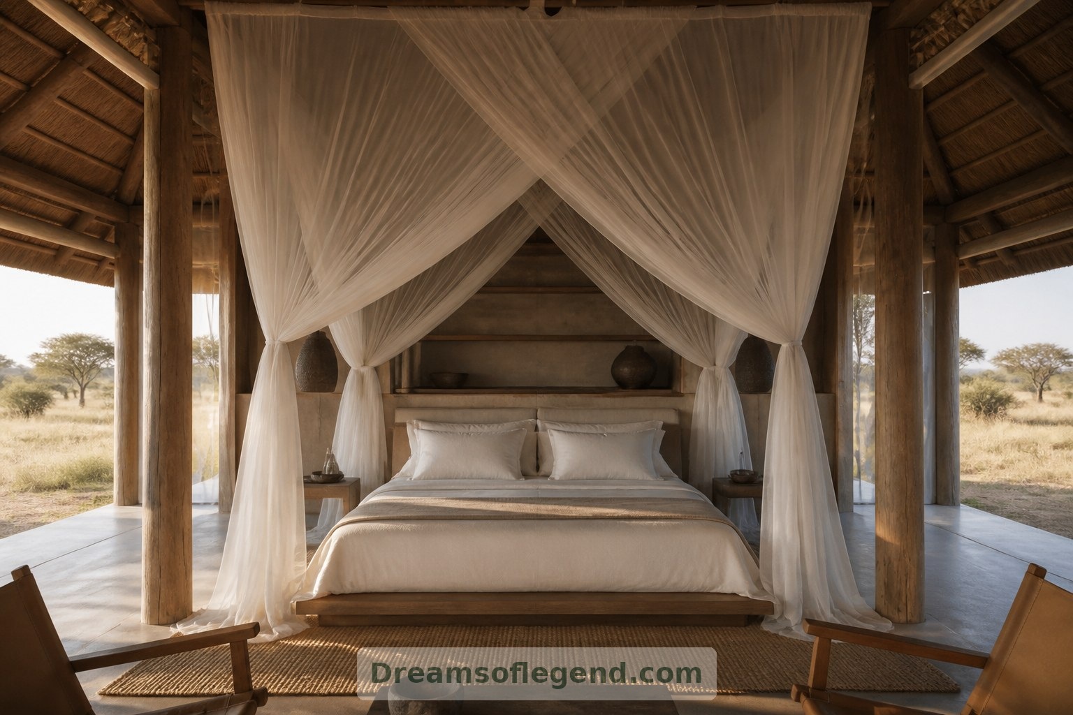 A recessed bed and suspended mosquito canopy give the imagined open-air bedroom a more intimate scale.