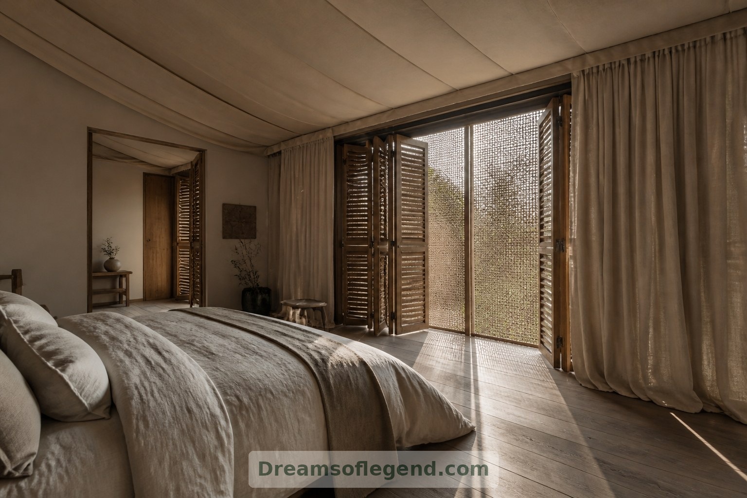Partly closed shutters show how the fictional bedroom could offer privacy without abandoning daylight.