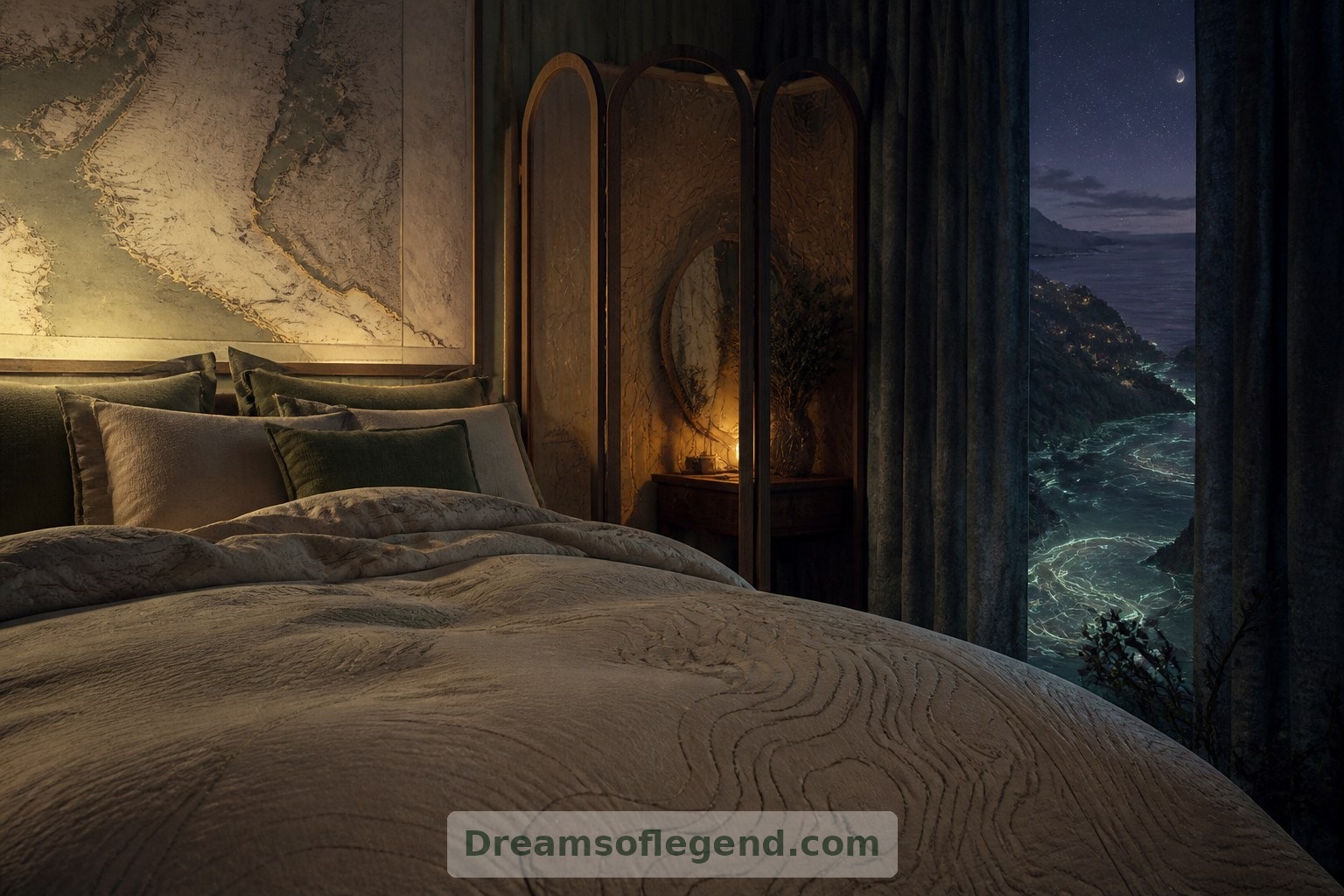 Contour stitching and a softly glowing fictional coastline bring the map motif into a restful bedroom.