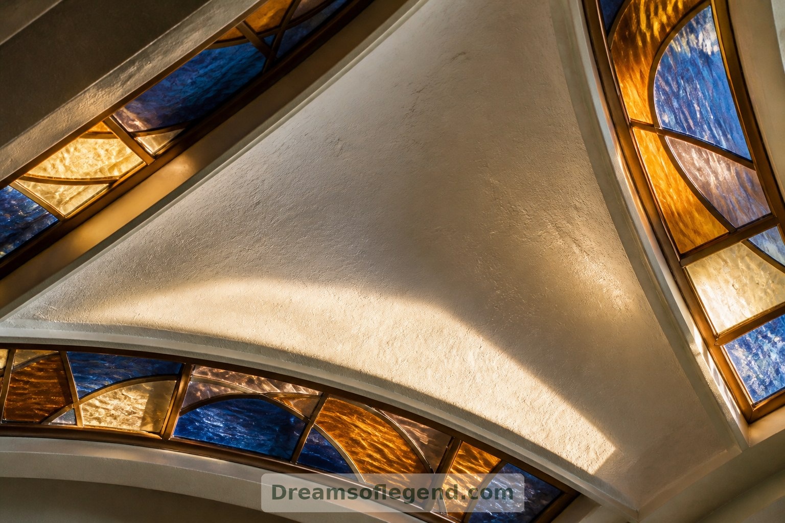 A narrow stained-glass border adds color to the vaulted ceiling while leaving most of the plaster surface calm.