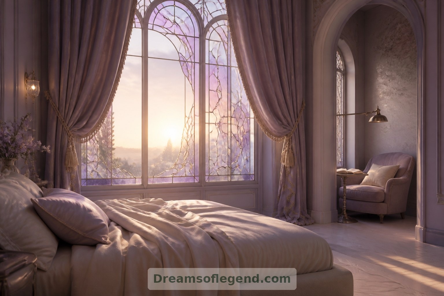 Lavender and pearl glazing, generous curtains and a reading alcove create a quieter mood in the imagined bedroom.