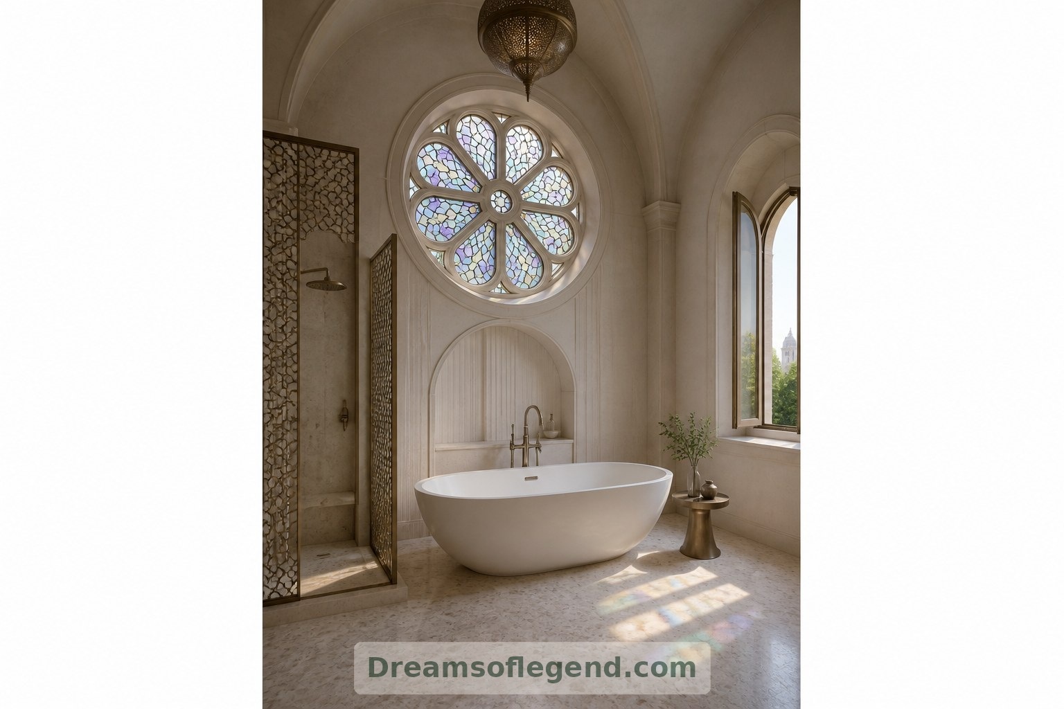 A high petal-patterned window supplies the fictional bathroom’s focal point, with additional screening planned for privacy.