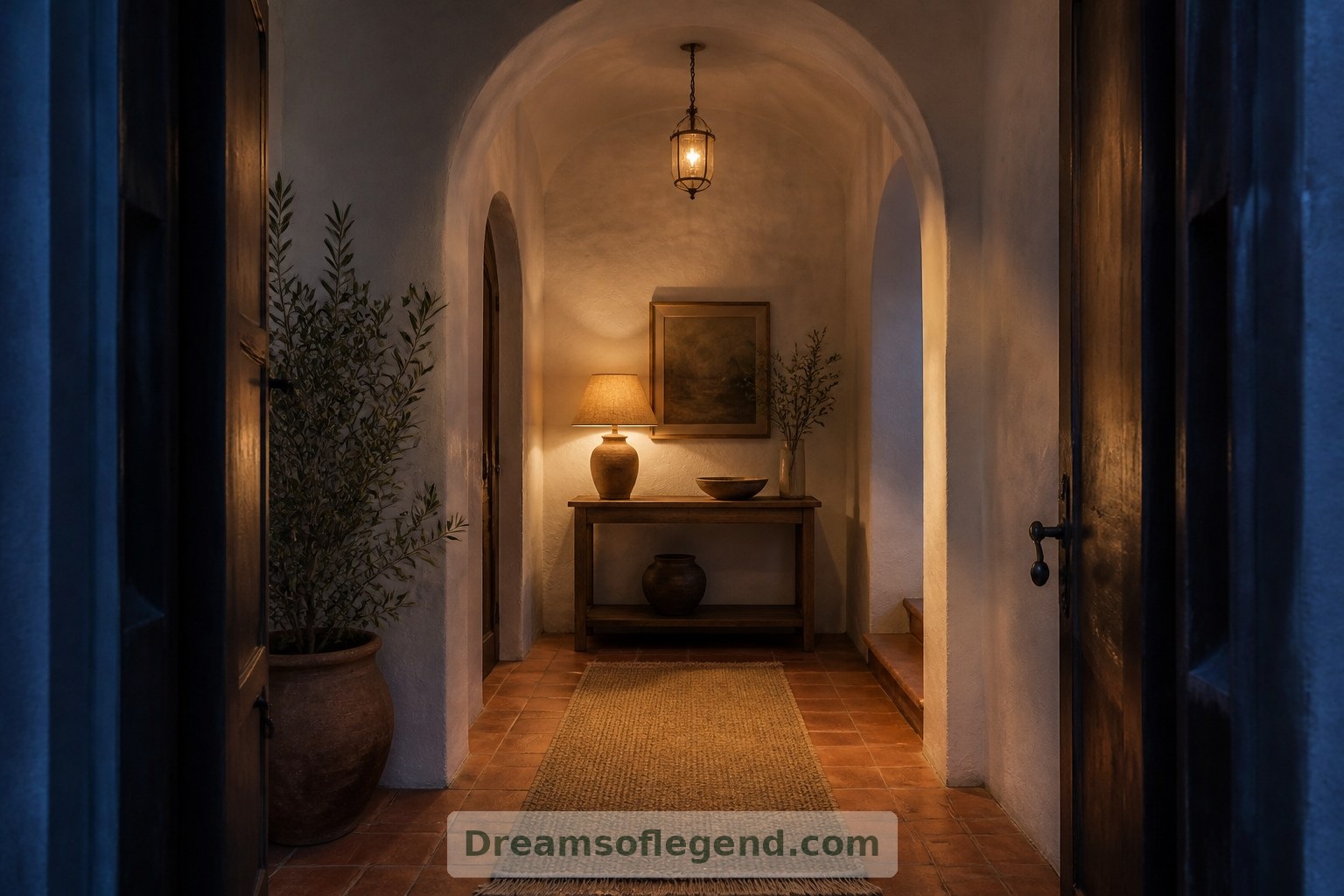 Terracotta, limewash and wool bring warmth to the imagined arrival vestibule.