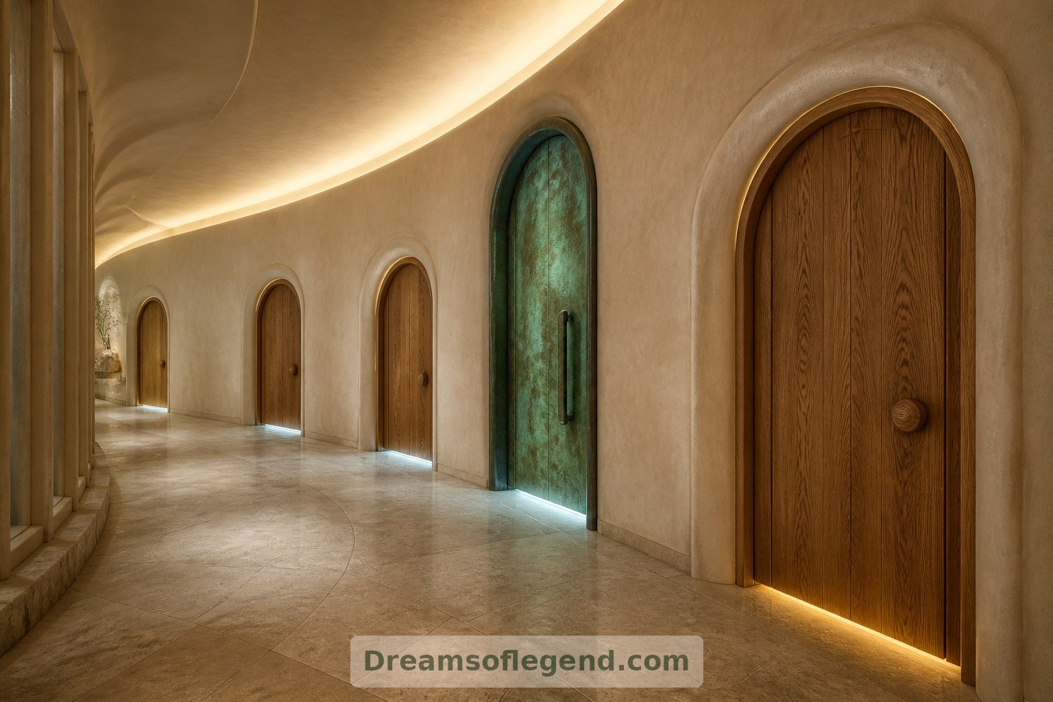 Doors of different heights and materials suggest the contrasting worlds beyond this fictional corridor.
