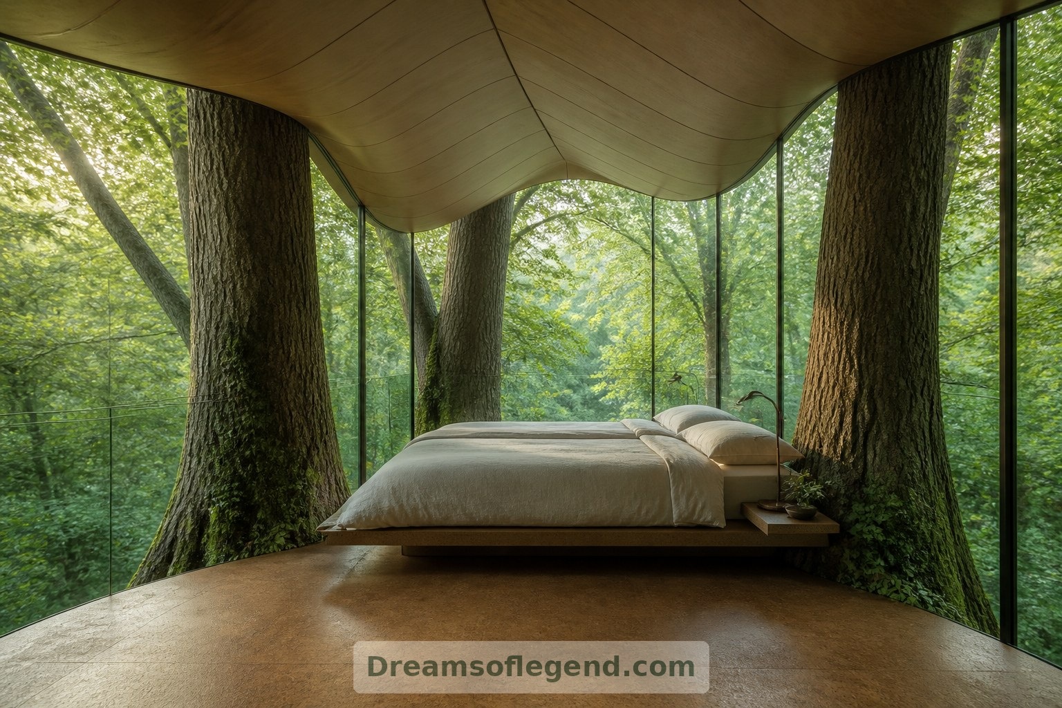The imagined woodland bedroom pairs an impossible setting with linen, cork and concealed storage.