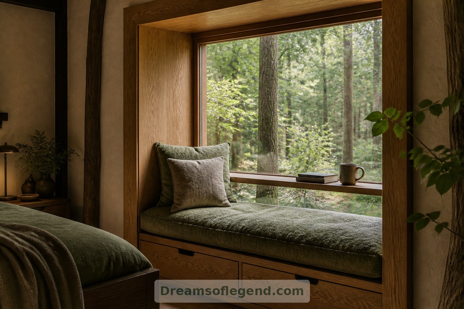 A sheltered reading alcove turns the forest view into a quiet, everyday pleasure.