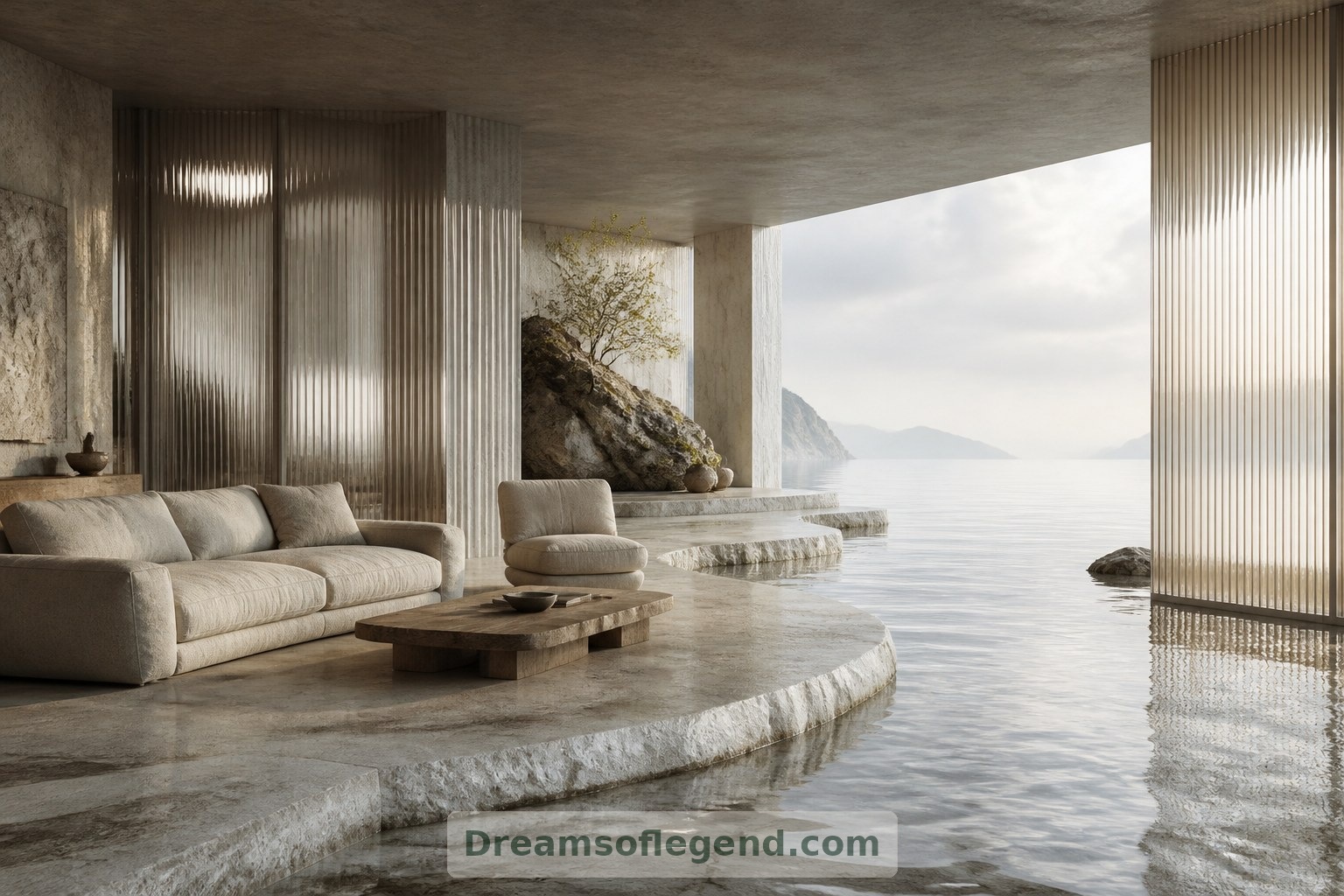 Raised stone flooring defines the living area beside this fictional indoor shoreline.