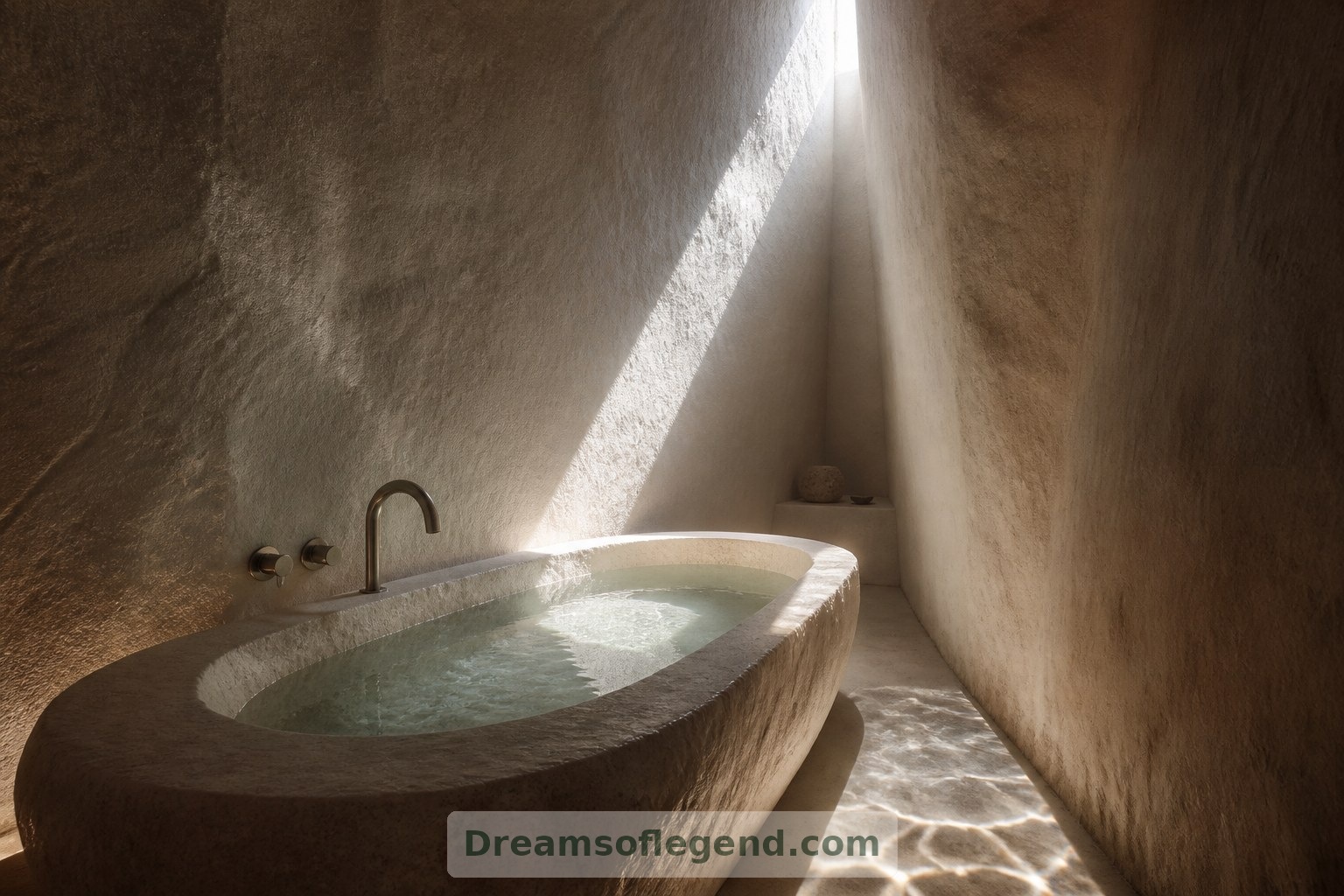 Carved stone and a high daylight opening give the imagined bathing chamber its restrained character.