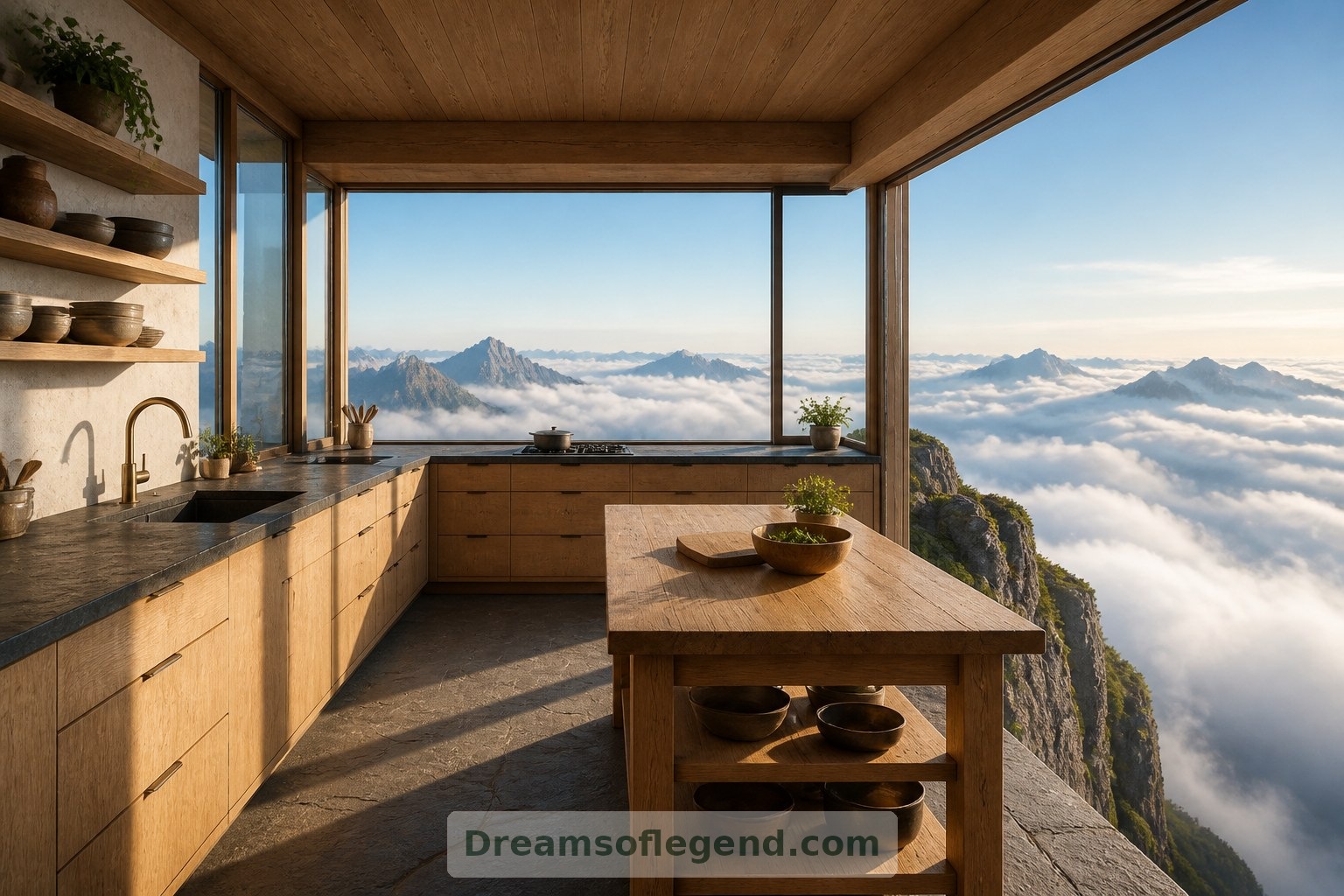 Oak cabinetry and soapstone counters ground a fantasy kitchen suspended above the clouds.