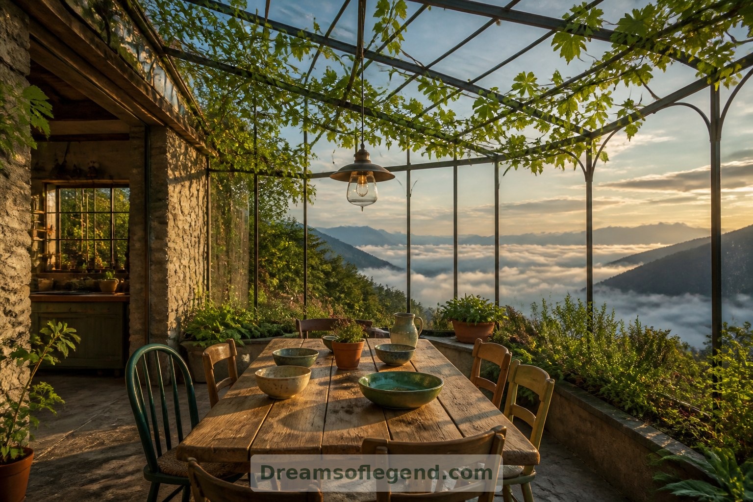 A greenhouse dining bay brings herbs, shared meals and soft afternoon light into the imagined home.