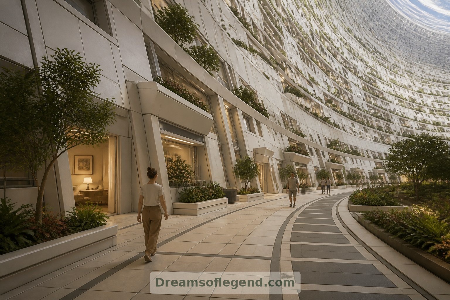 Curved paths and recessed entrances give the imagined interior neighborhood a welcoming pedestrian scale.