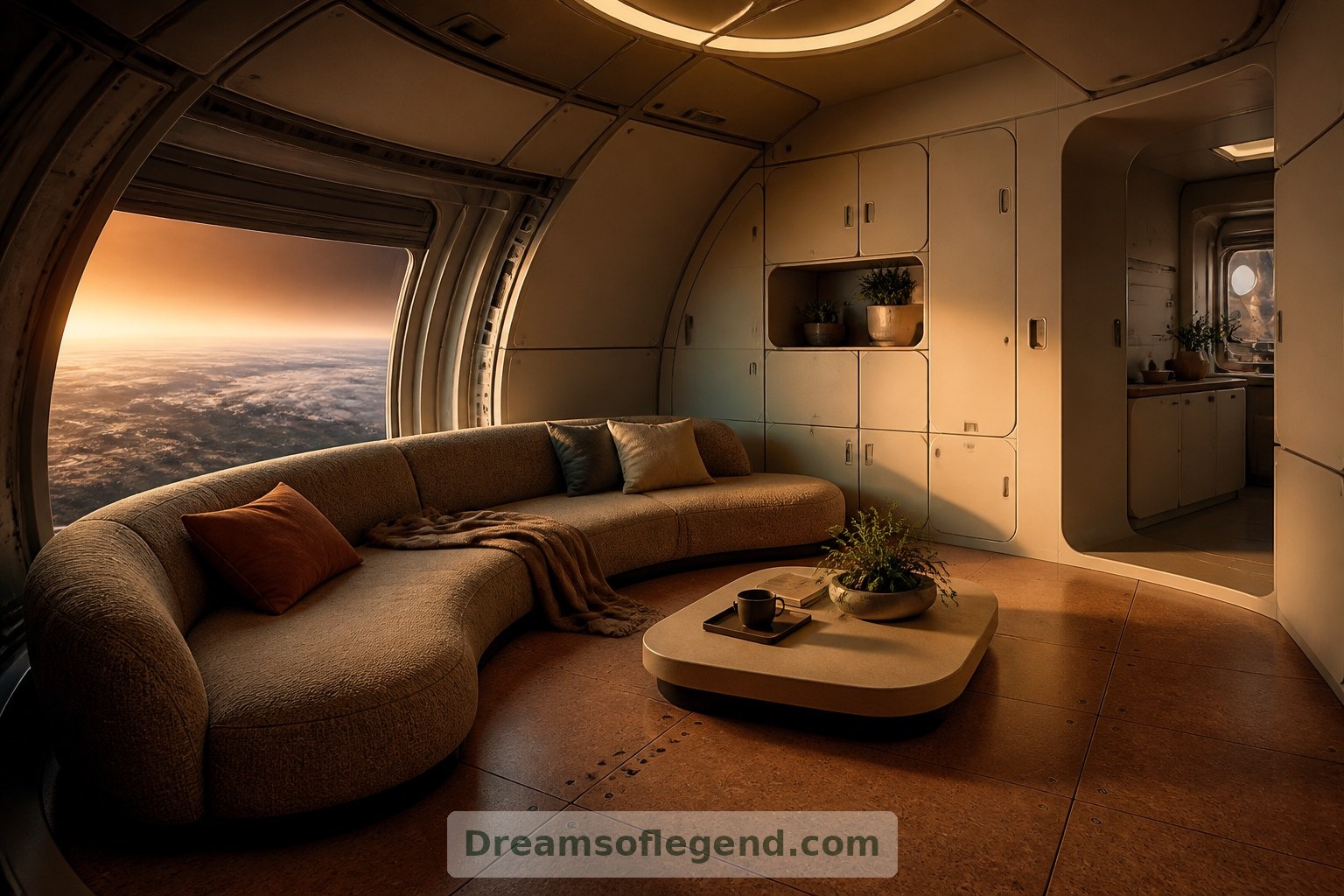 Woven upholstery, quiet colors and secure storage bring familiar comforts into the speculative living room.