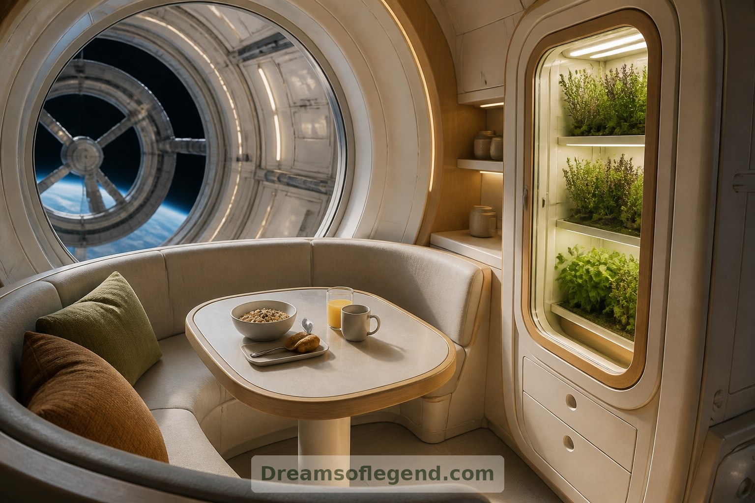 An illuminated herb cabinet adds greenery beside the breakfast booth, without suggesting household food self-sufficiency.