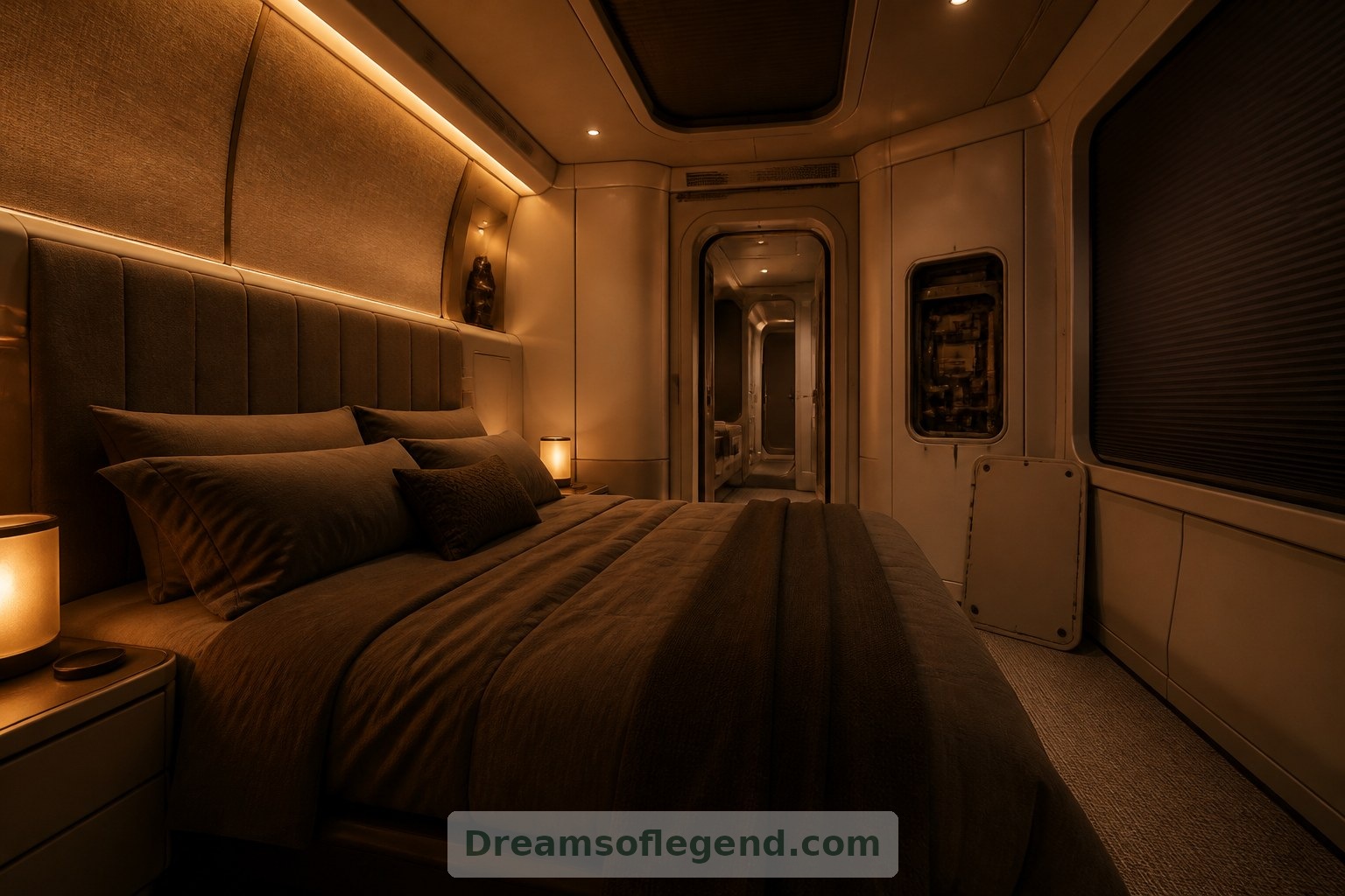 Adjustable lighting and acoustic finishes create an imagined sleeping space with a clear evening mood.