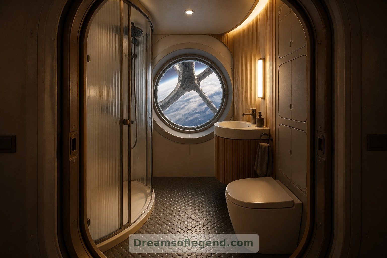 The bathroom concept combines a contained shower with accessible services and textured finishes.