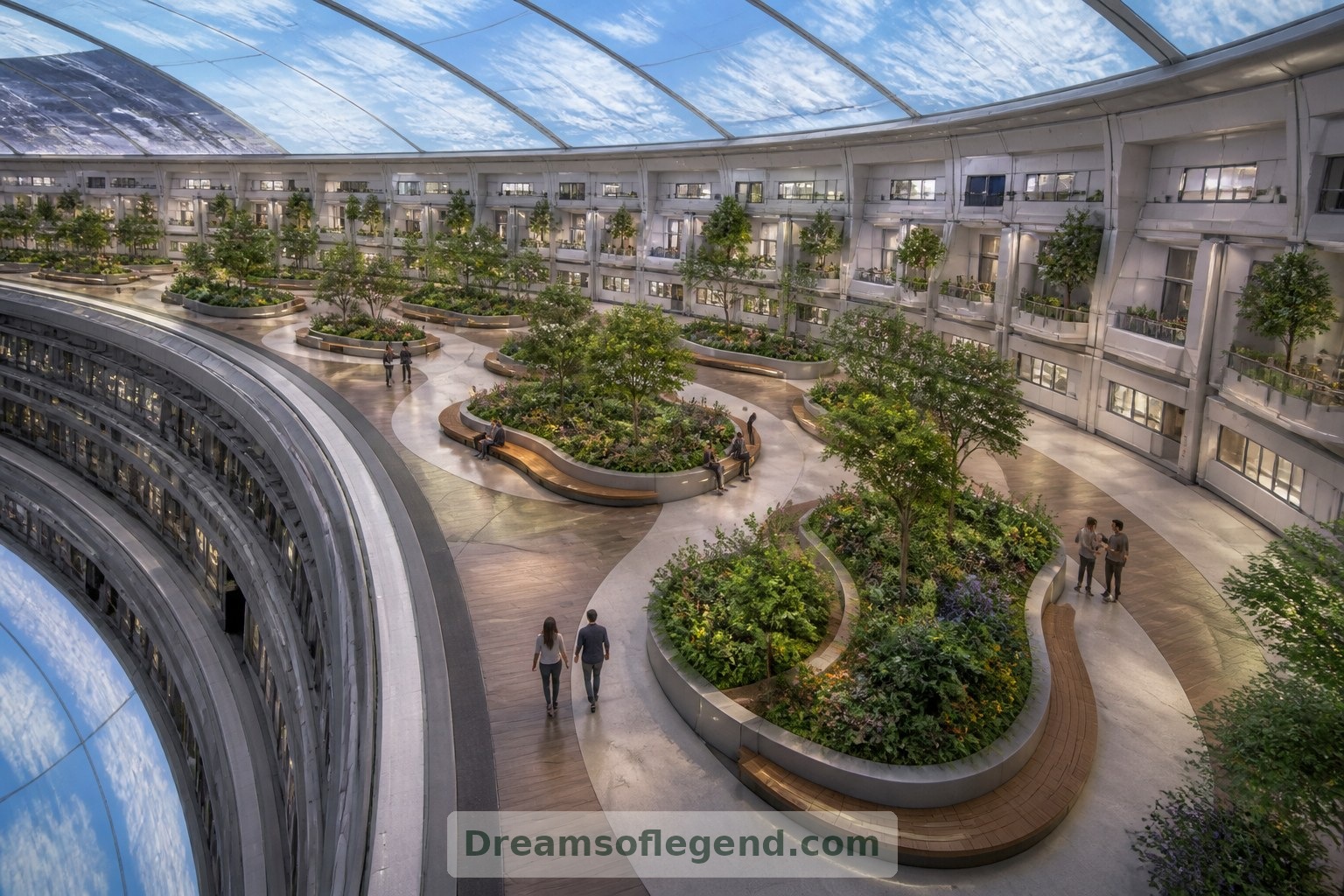 A shared courtyard offers space for planting and conversation beneath an explicitly artificial sky.