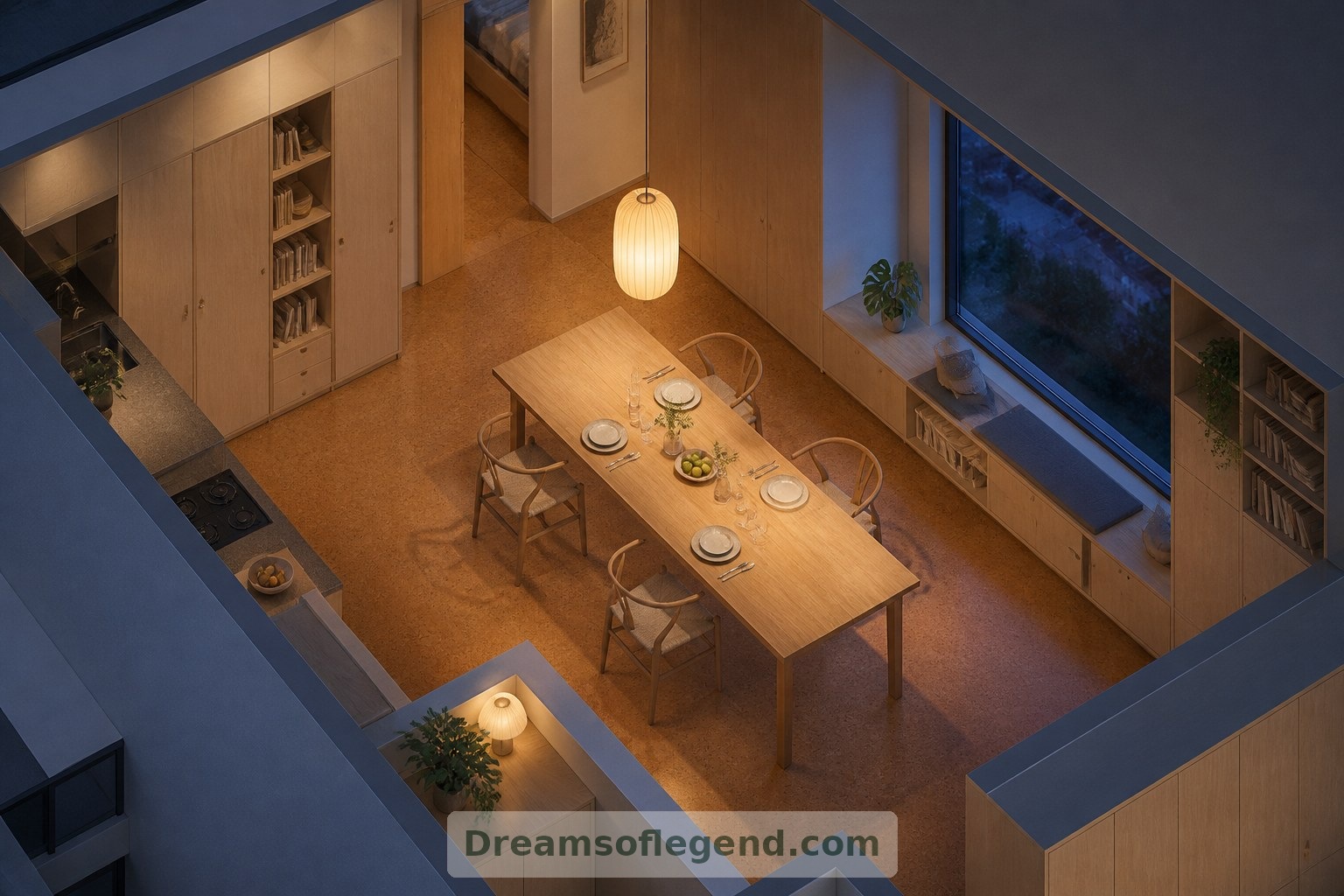 The speculative evening layout gives dining priority without adding another room.