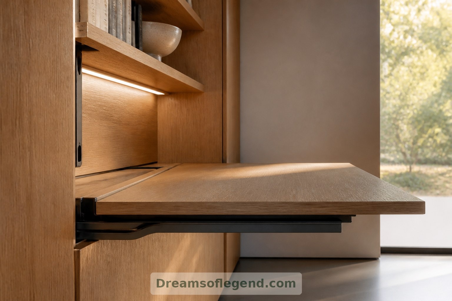 This imagined work wall limits movement to the desktop, keeping books and fragile objects on fixed shelves.