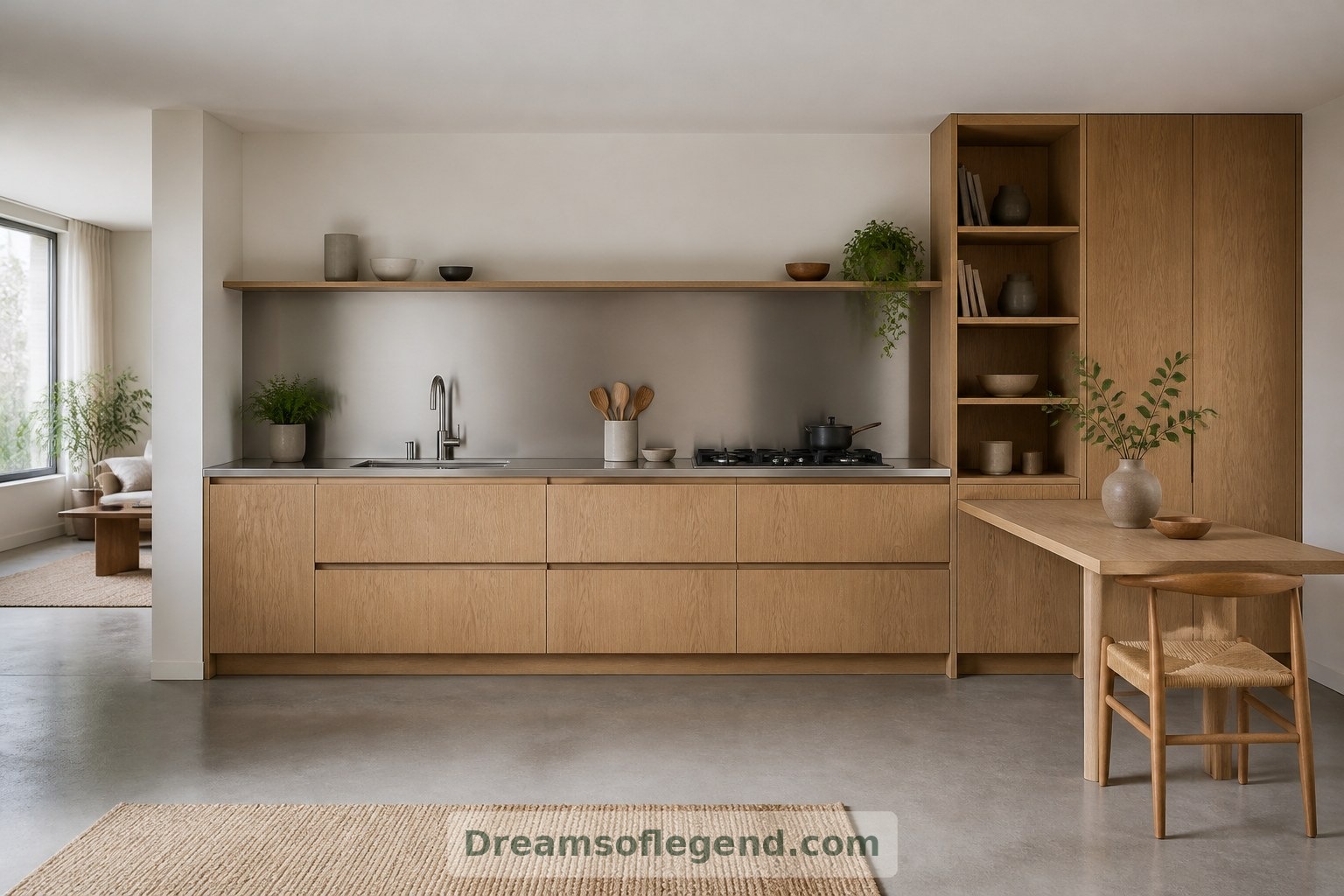A fixed kitchen anchors the concept, while a separate dining surface provides flexibility nearby.