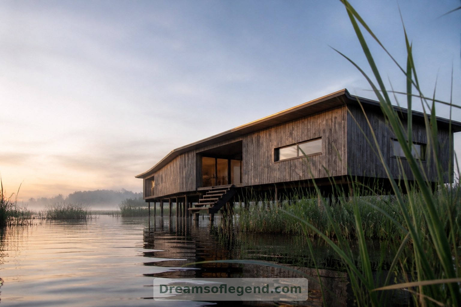 Seen from the water, the imagined timber house frames an open view beneath its elevated floor.