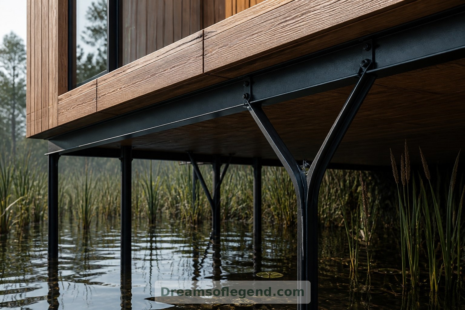 This conceptual structural detail shows the relationship between supports, floor and water; real foundations would require site-specific engineering.