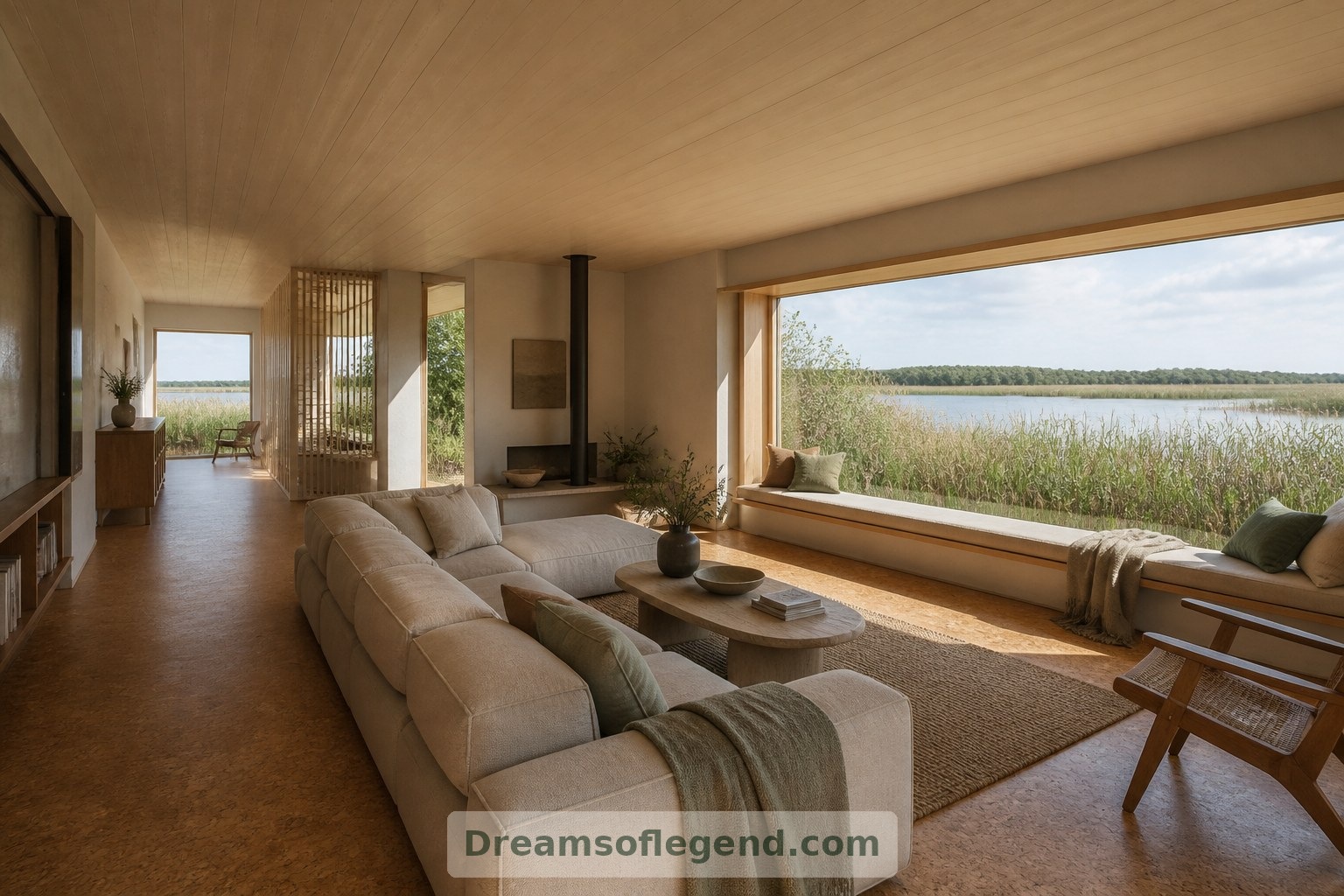 Pale timber, cork flooring and a deep window seat bring warmth to the imagined living room.