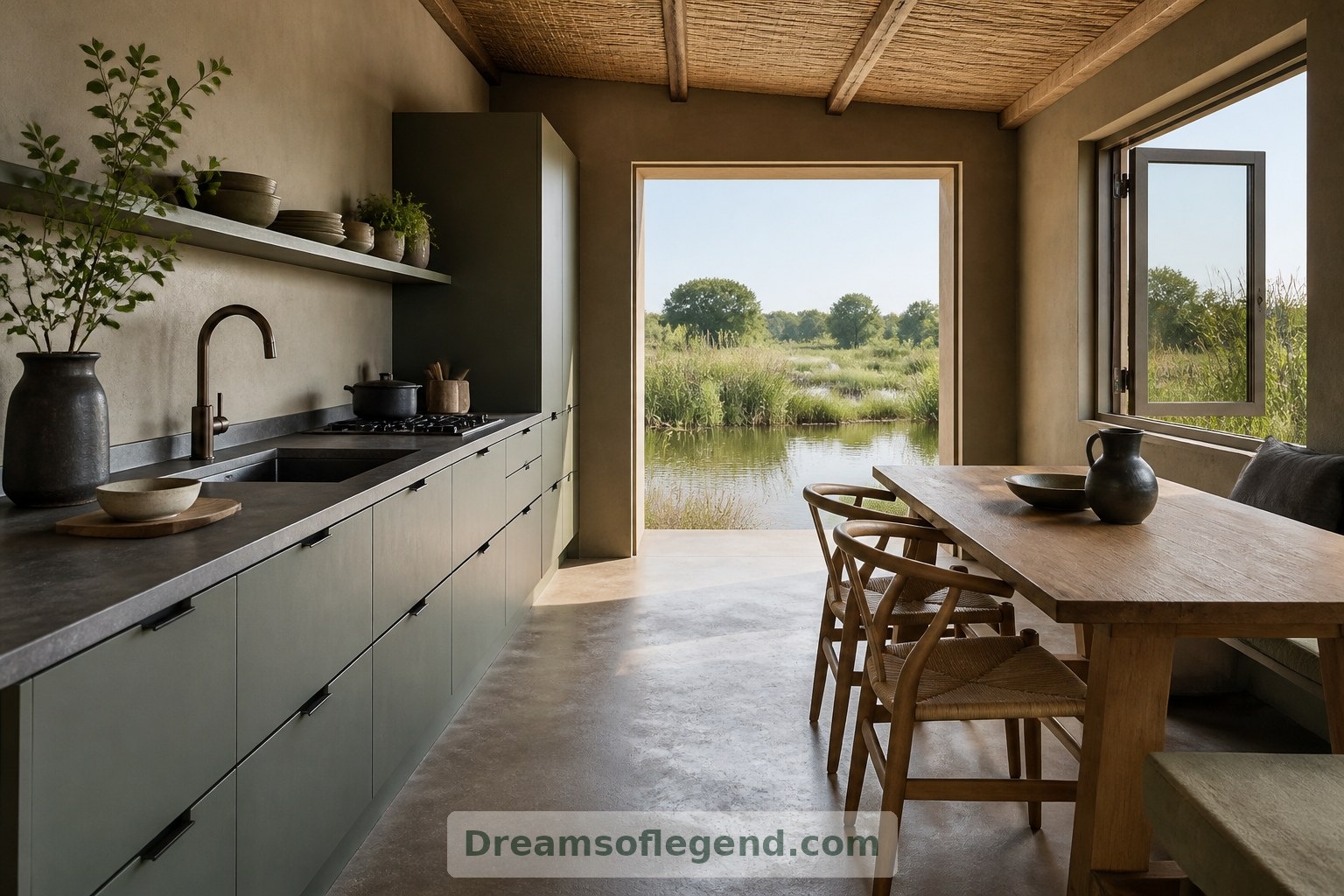 Muted green cabinetry keeps the conceptual kitchen understated, leaving the wetland view as its focal point.