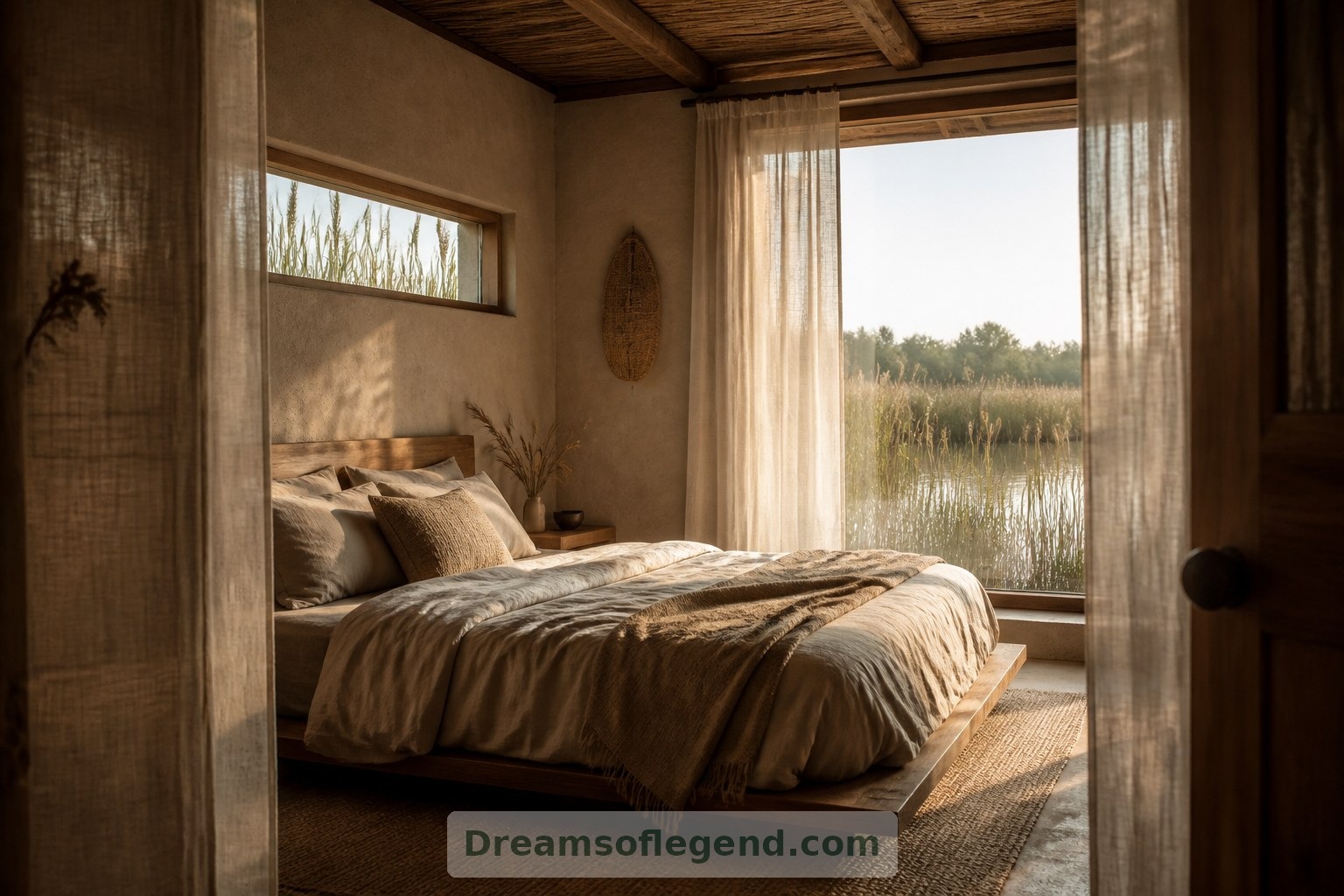 Filtered light and layered curtains give the imagined bedroom a quieter, more private atmosphere.