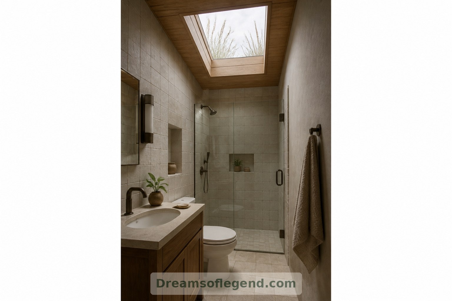 A modest skylight illuminates the fictional bathroom’s matte finishes and compact layout.