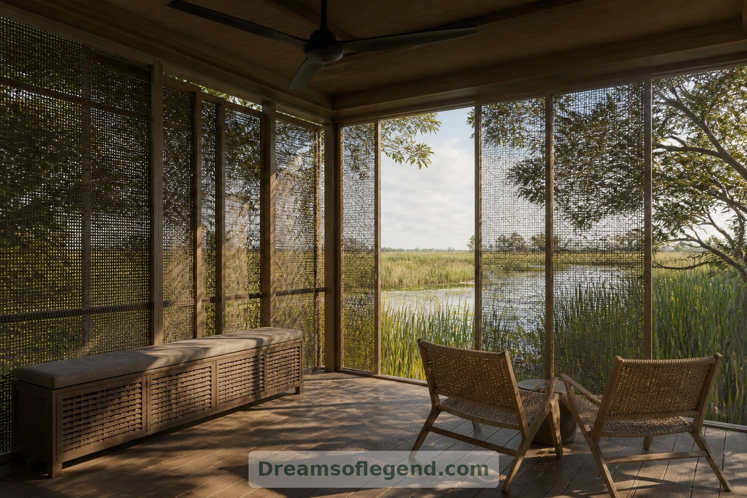 Mesh screens and a deep overhang turn the imagined terrace into a sheltered outdoor room.