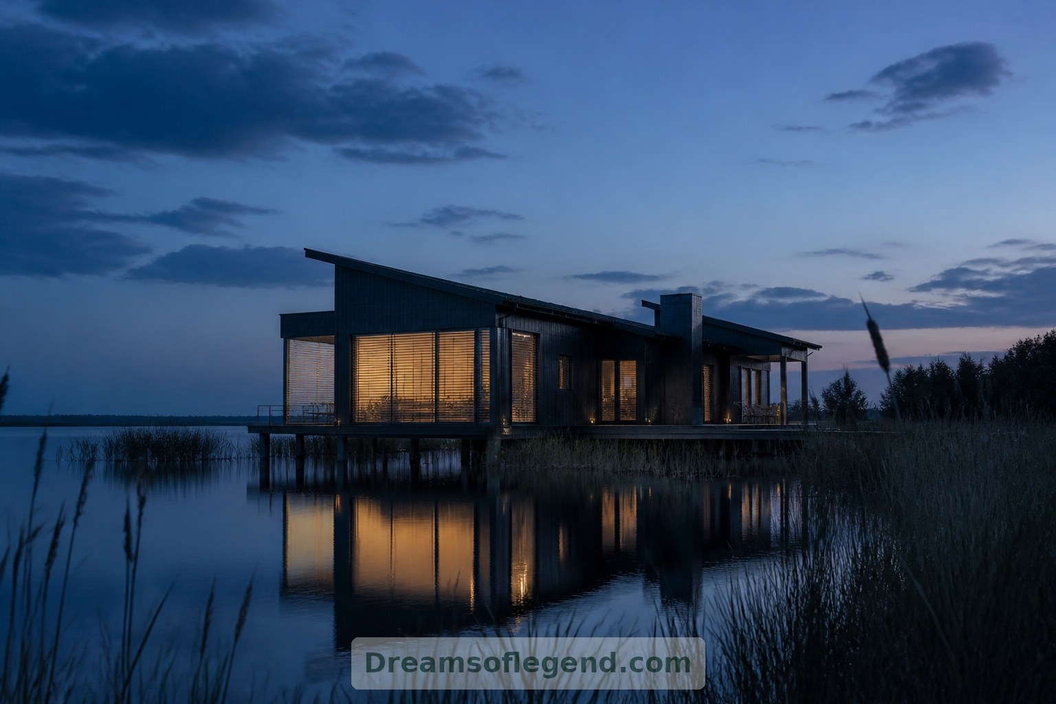 At dusk, softened window light keeps the imagined home’s presence restrained against water and reeds.