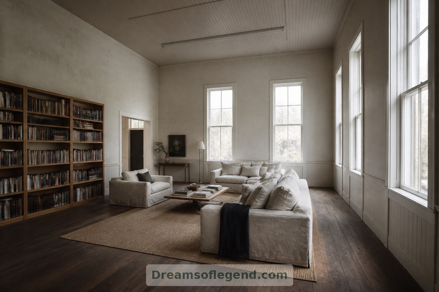 A generous rug and closely grouped seating give the imagined former classroom a comfortable domestic scale.