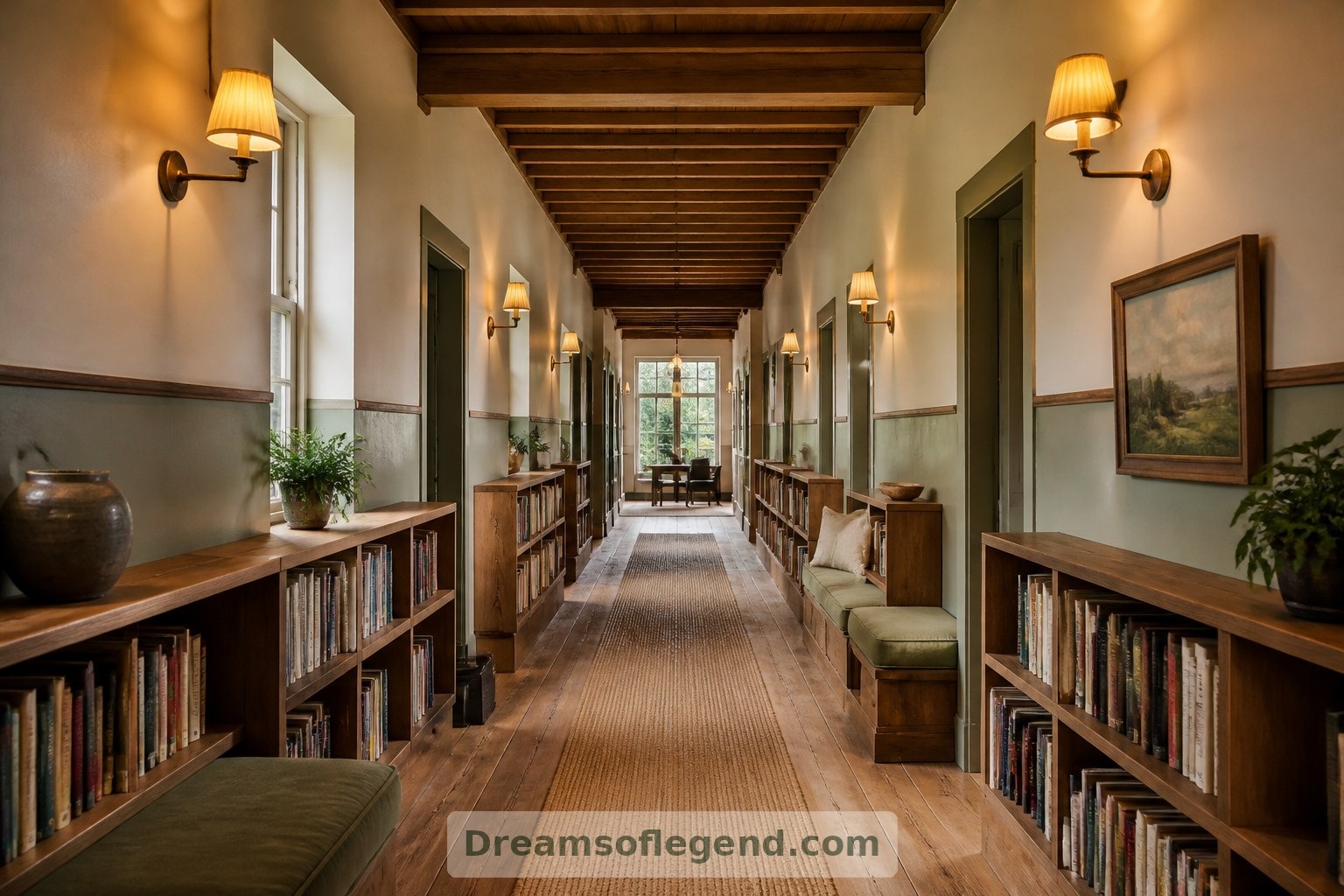 Shallow shelving and benches turn the imagined corridor into useful living space without blocking the central route.