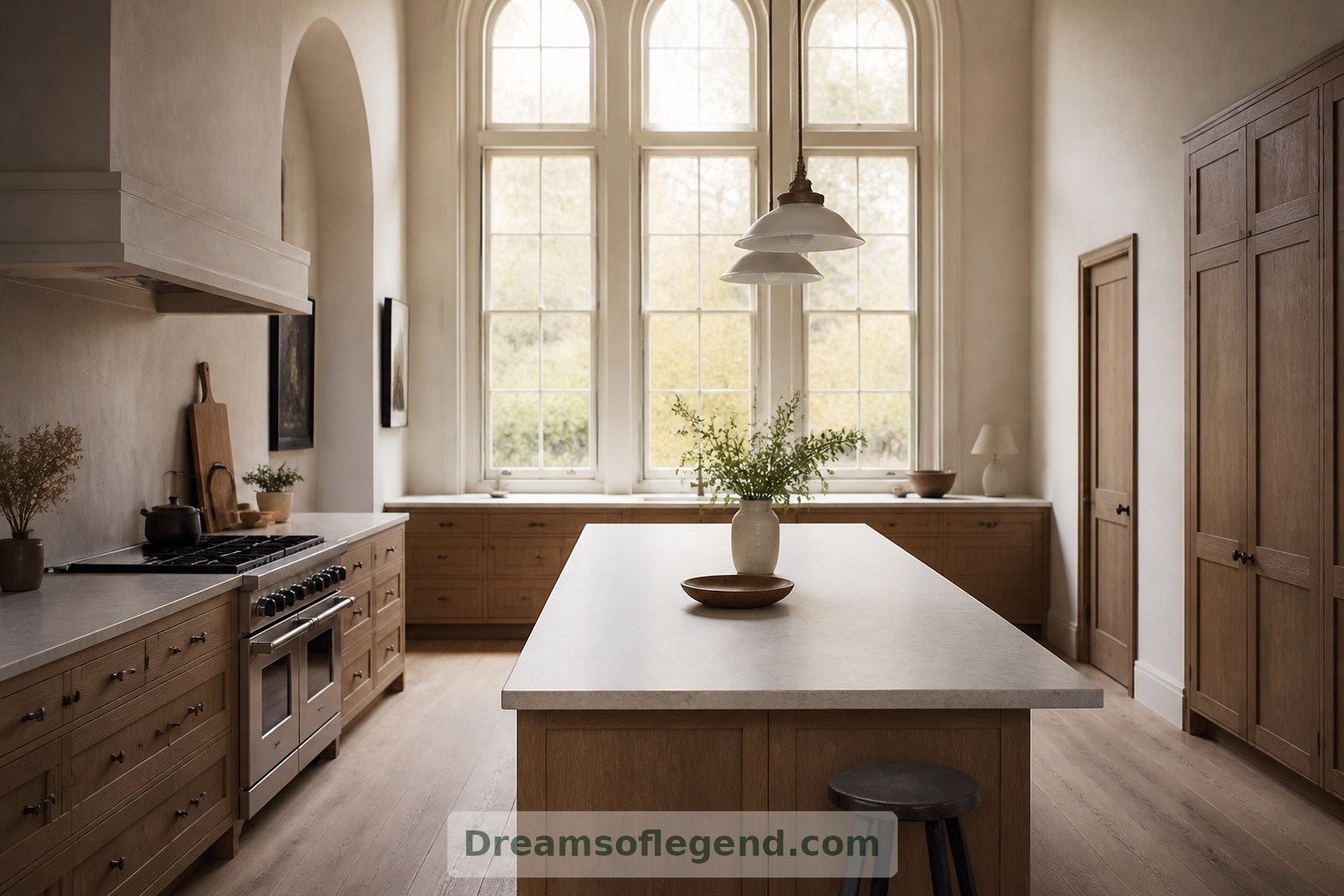 Oak cabinetry and a restrained island bring warmth and practical preparation space to the imagined kitchen.