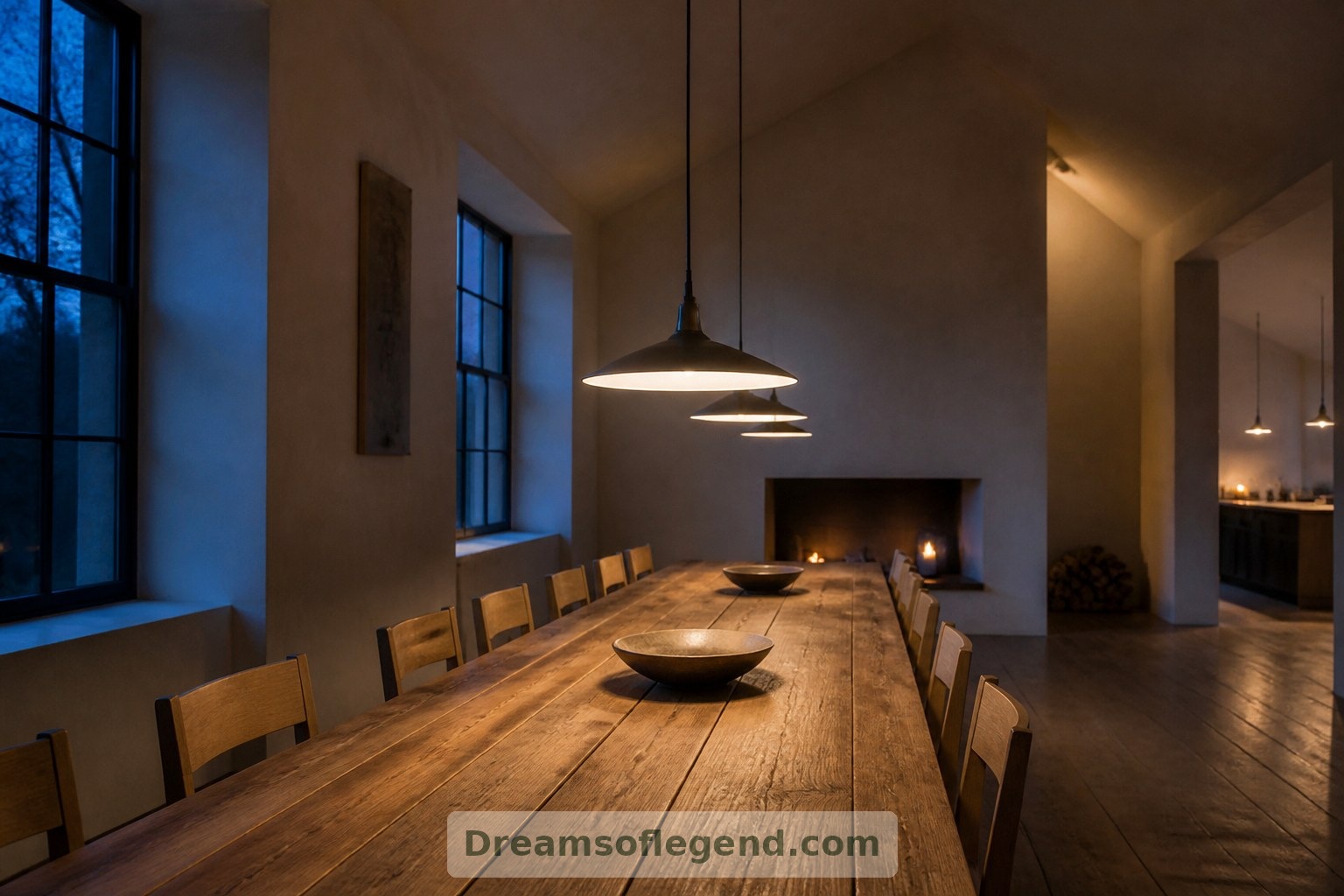Low pendant lights create an intimate dining setting within the schoolhouse’s generous proportions.