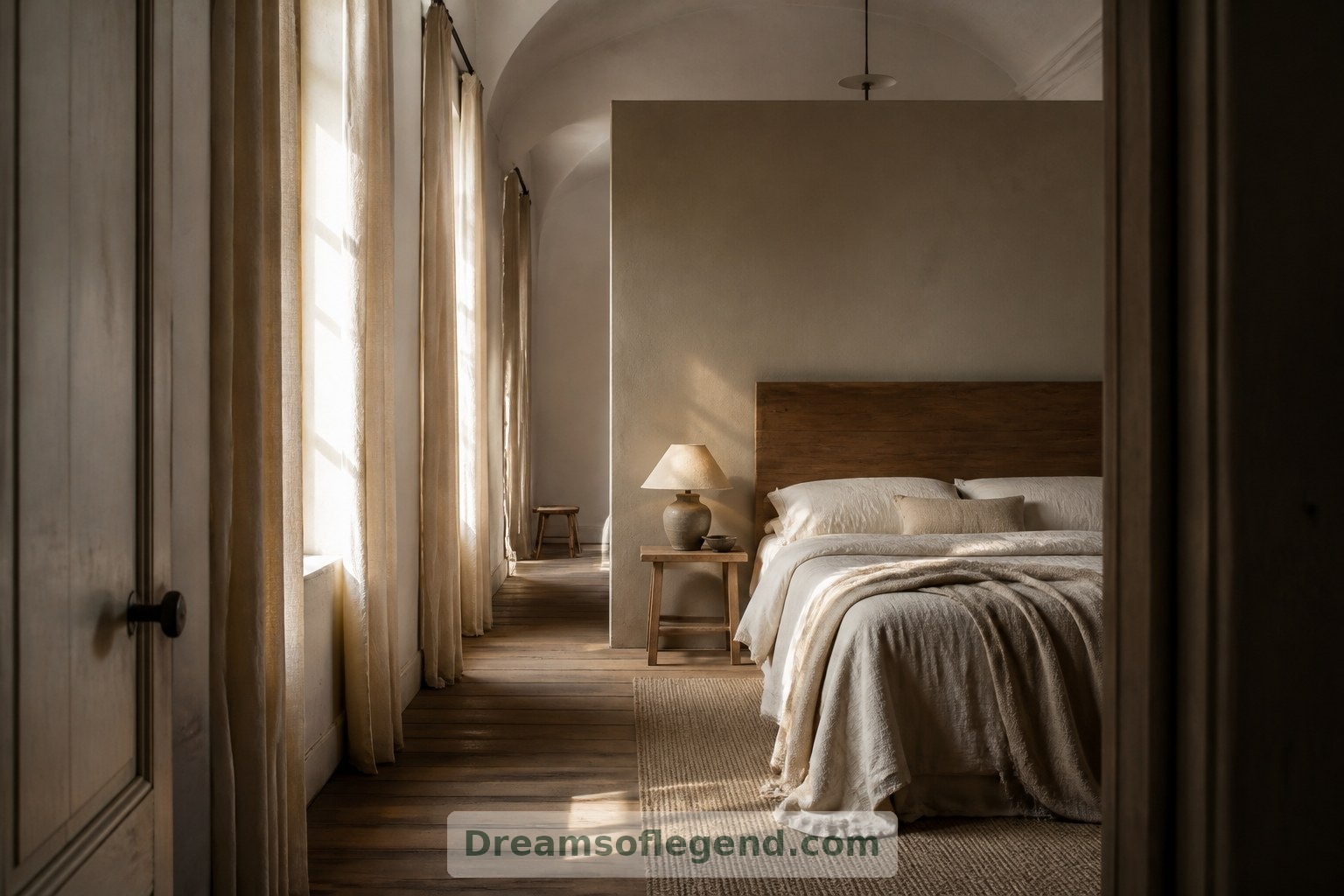 Linen curtains and timber furnishings soften the imagined bedroom while retaining its tall-window character.