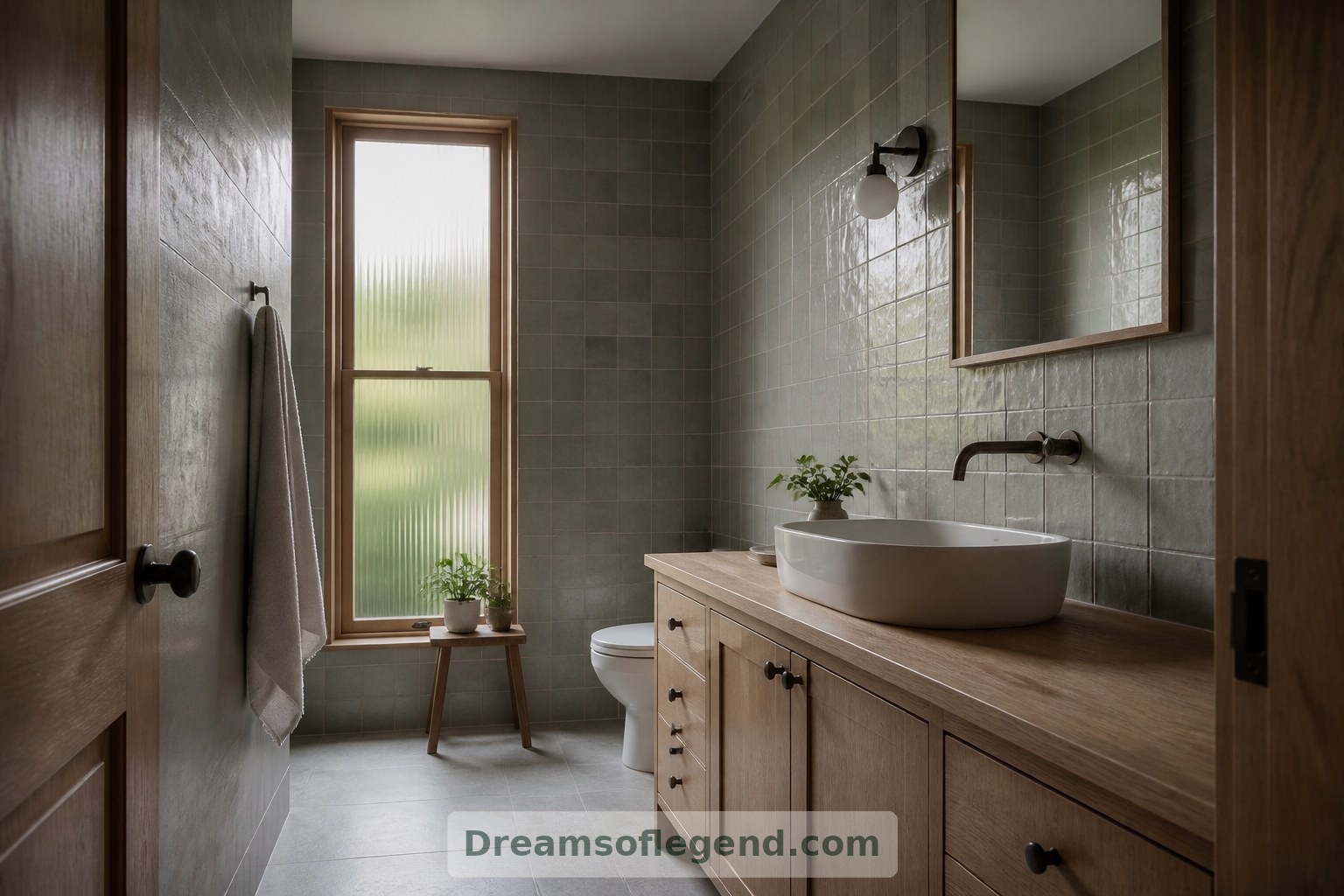 Muted tile, warm cabinetry and privacy glazing shape a calm bathroom concept.