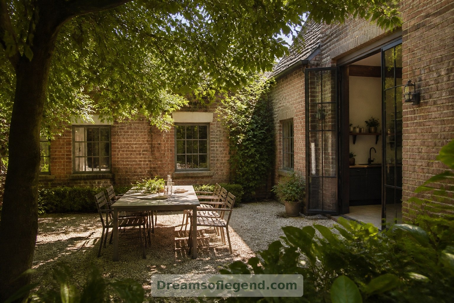 A sheltered courtyard offers an intimate outdoor counterpart to the spacious rooms inside.