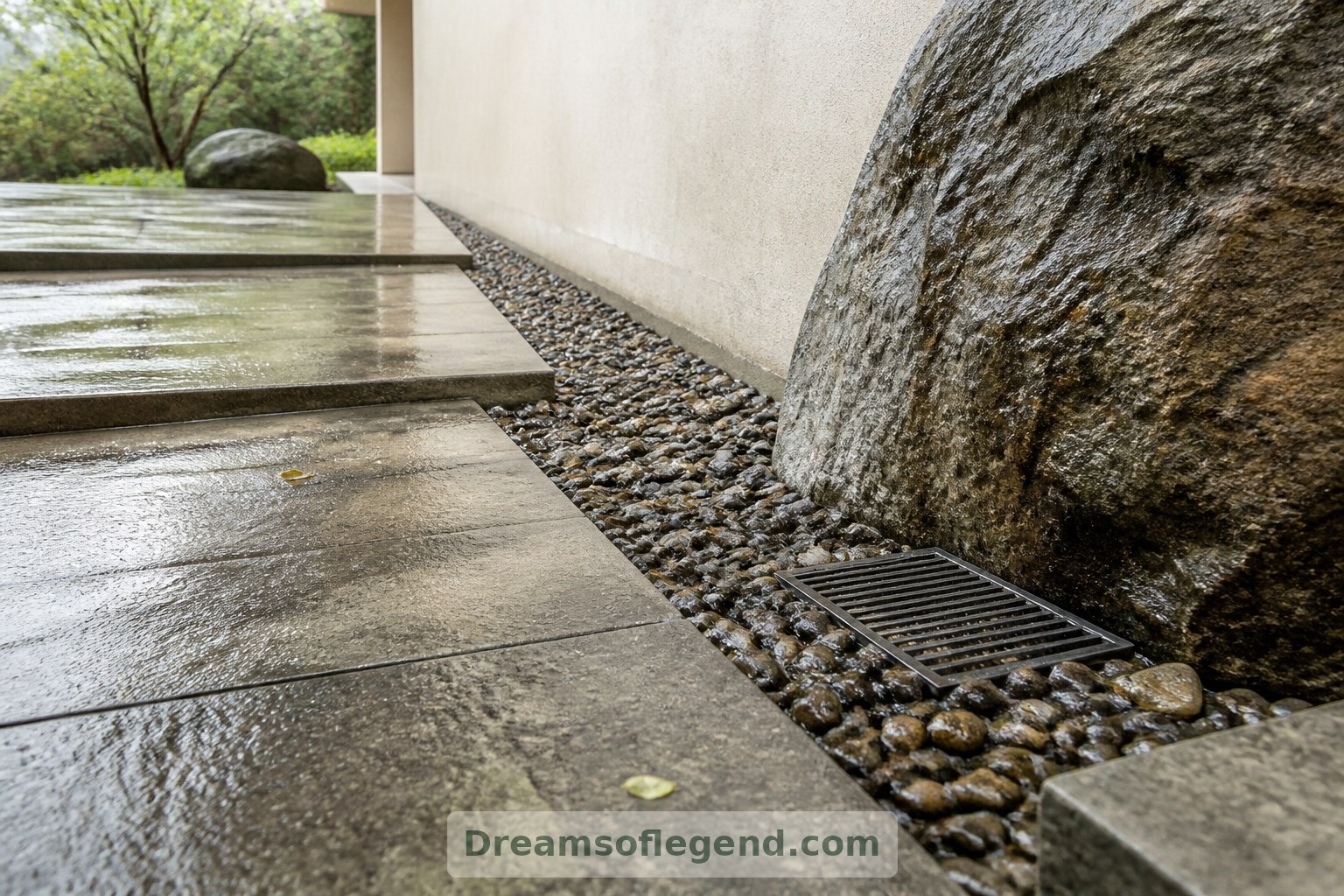 Tratamiento conceptual del terreno: el drenaje y el movimiento del agua necesitarían un estudio específico del emplazamiento antes de la construcción.
