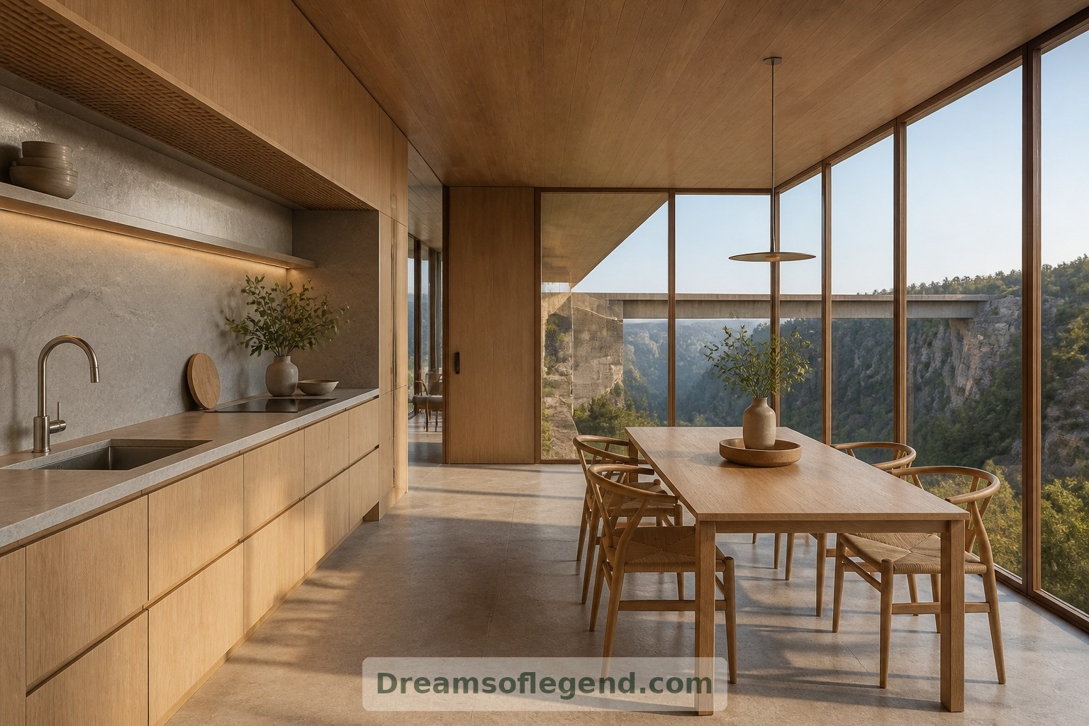 Los muebles bajos de la cocina preservan las vistas, mientras que una mesa junto a la ventana ofrece un lugar para desayunar sin prisas.