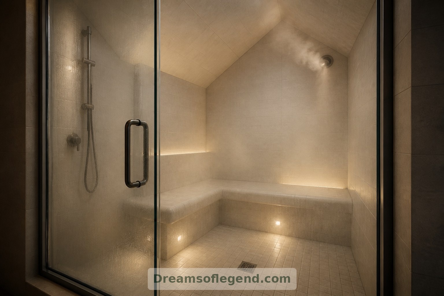 El concepto de ducha de vapor cerrada combina un asiento revestido de baldosas con detalles constructivos especializados para controlar la humedad y la condensación.