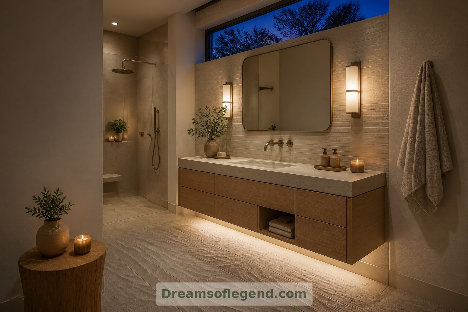 La iluminación en capas ofrece a este baño imaginado ambientes diferenciados para el aseo cotidiano y las rutinas nocturnas más tranquilas.