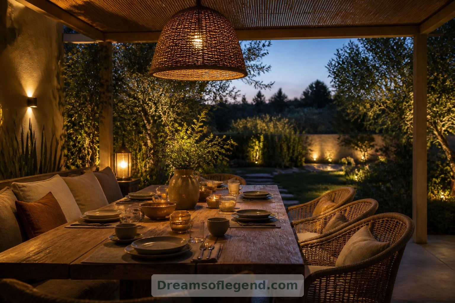 Una iluminación cálida en distintas capas convierte la mesa de comedor en el punto de encuentro natural después de la puesta de sol.