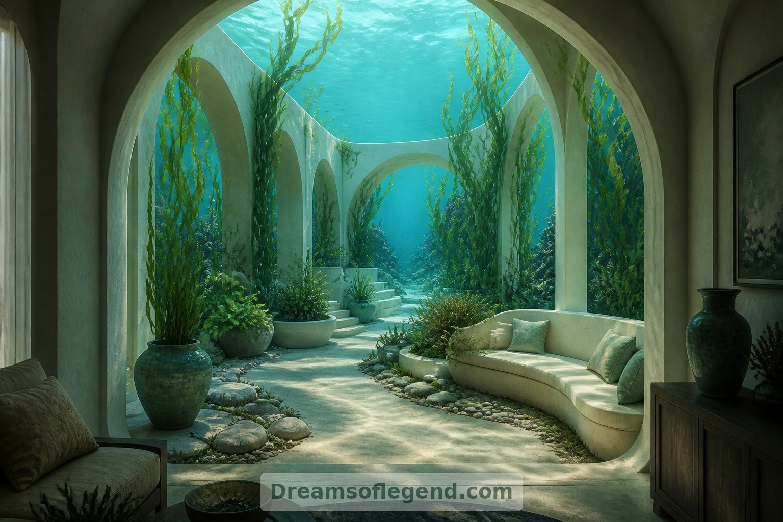 Un patio imaginario combina hierba marina decorativa, maceteros de cerámica y un saliente para descansar, sin proponer cambios en un arrecife real.