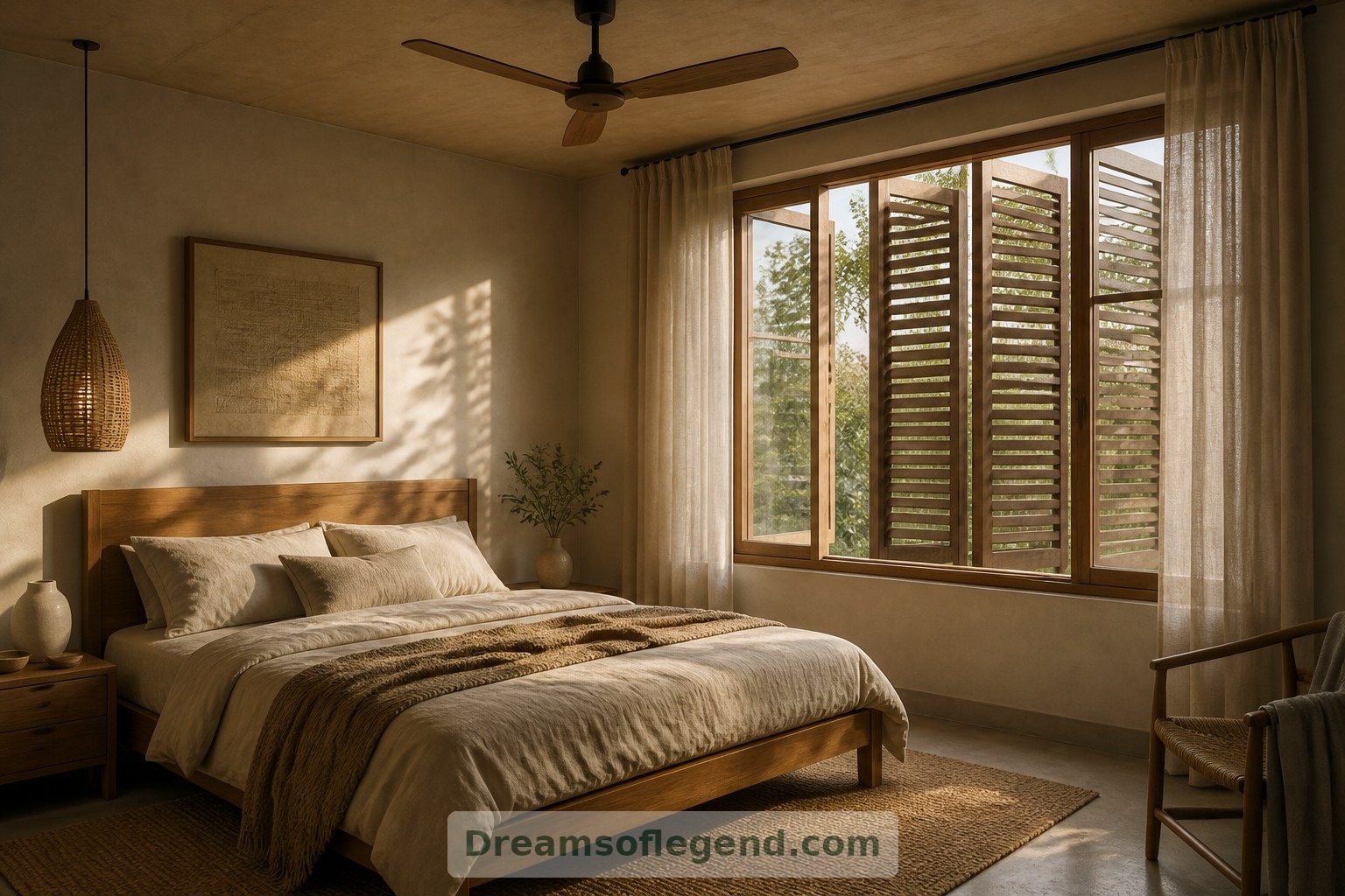 Este dormitorio imaginado combina protección solar exterior adaptable con comodidades habituales, como cortinas y un ventilador de techo.