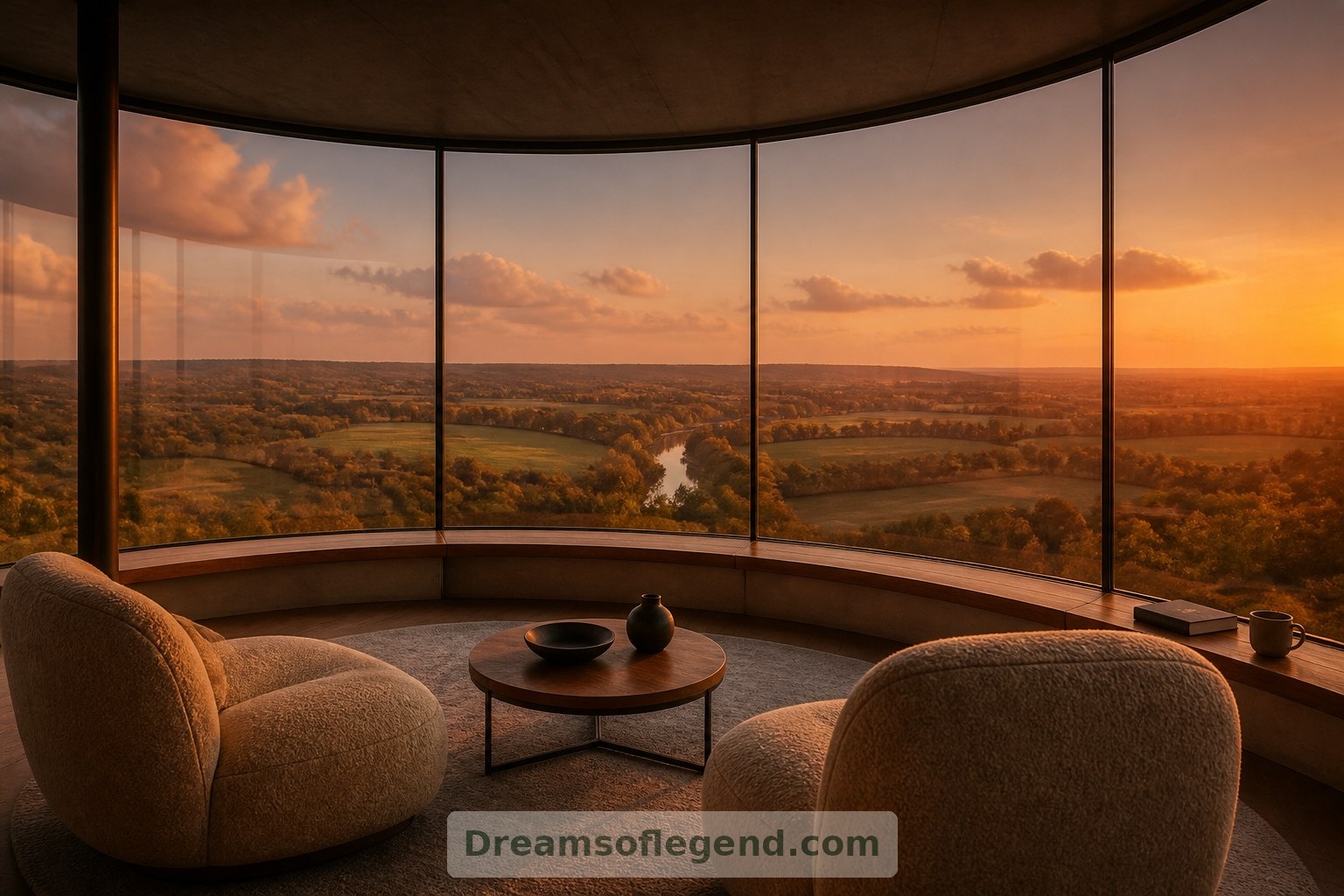 Los muebles bajos preservan las amplias vistas de la sala superior imaginada sobre el paisaje circundante.